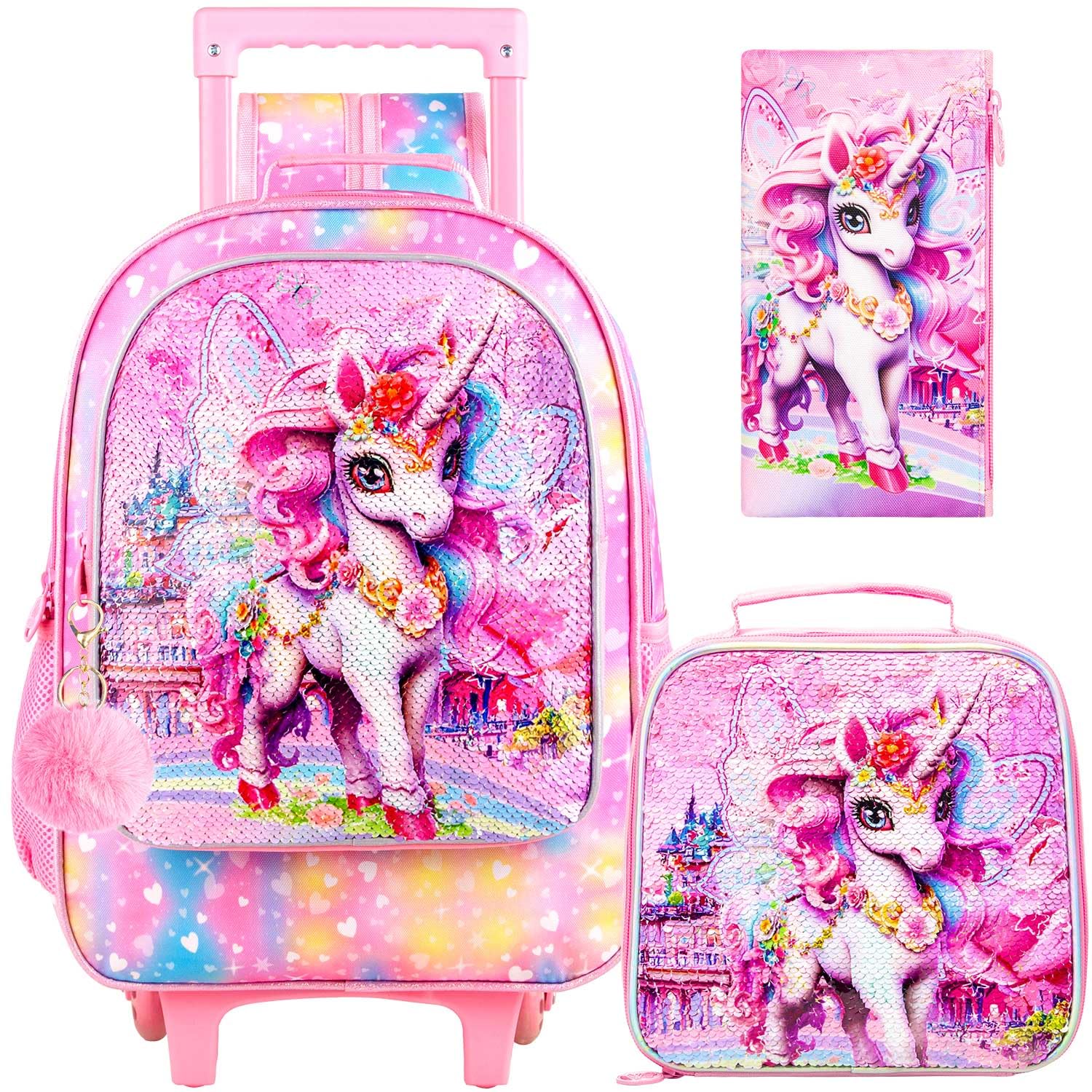 HPJGD 3PCS Girls Rolling Backpack, Kids Sequins Unicorn School Backpacks with Wheels, Water Resistant Roller Wheeled Bookbag Set with Lunch Box