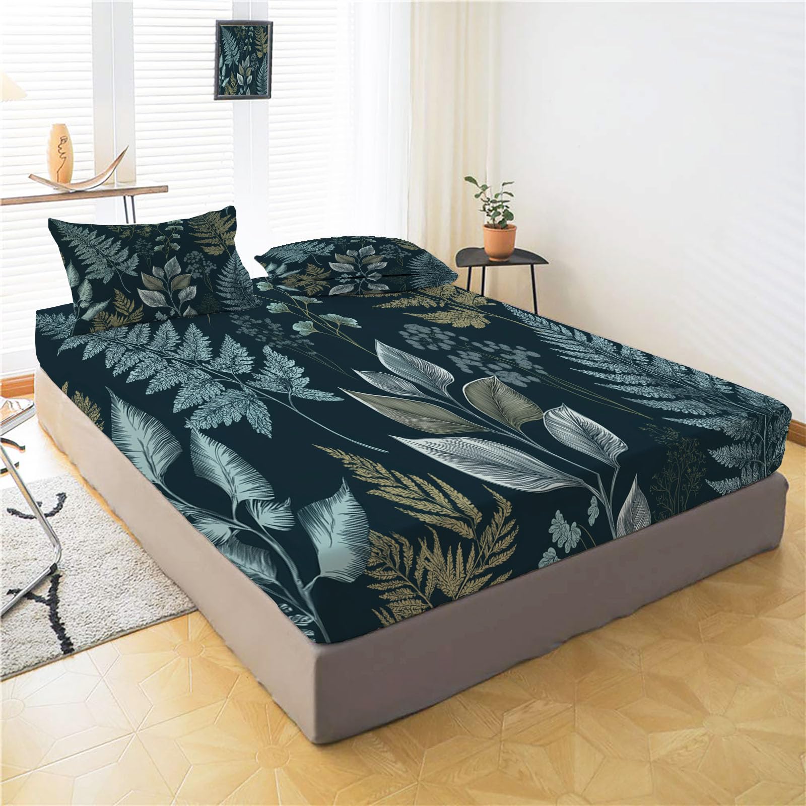 Sábanas 200X190/200Cm - Juego De Sábanas 3 Piezas Estampadas Helecho Dibujado A Mano - Microfibra Suave Transpirable - Sábana Bajera Ajustable - Ropa De Cama Plantas Vintage (Turquesa)