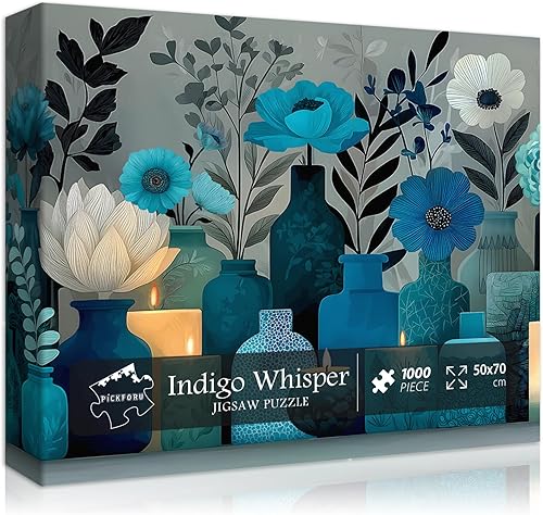 Miniatura 1 de PICKFORU - Rompecabezas de flores azules para adultos de 1000 piezas, rompecabezas de susurro índigo elegante, rompecabezas de jarrón floral de