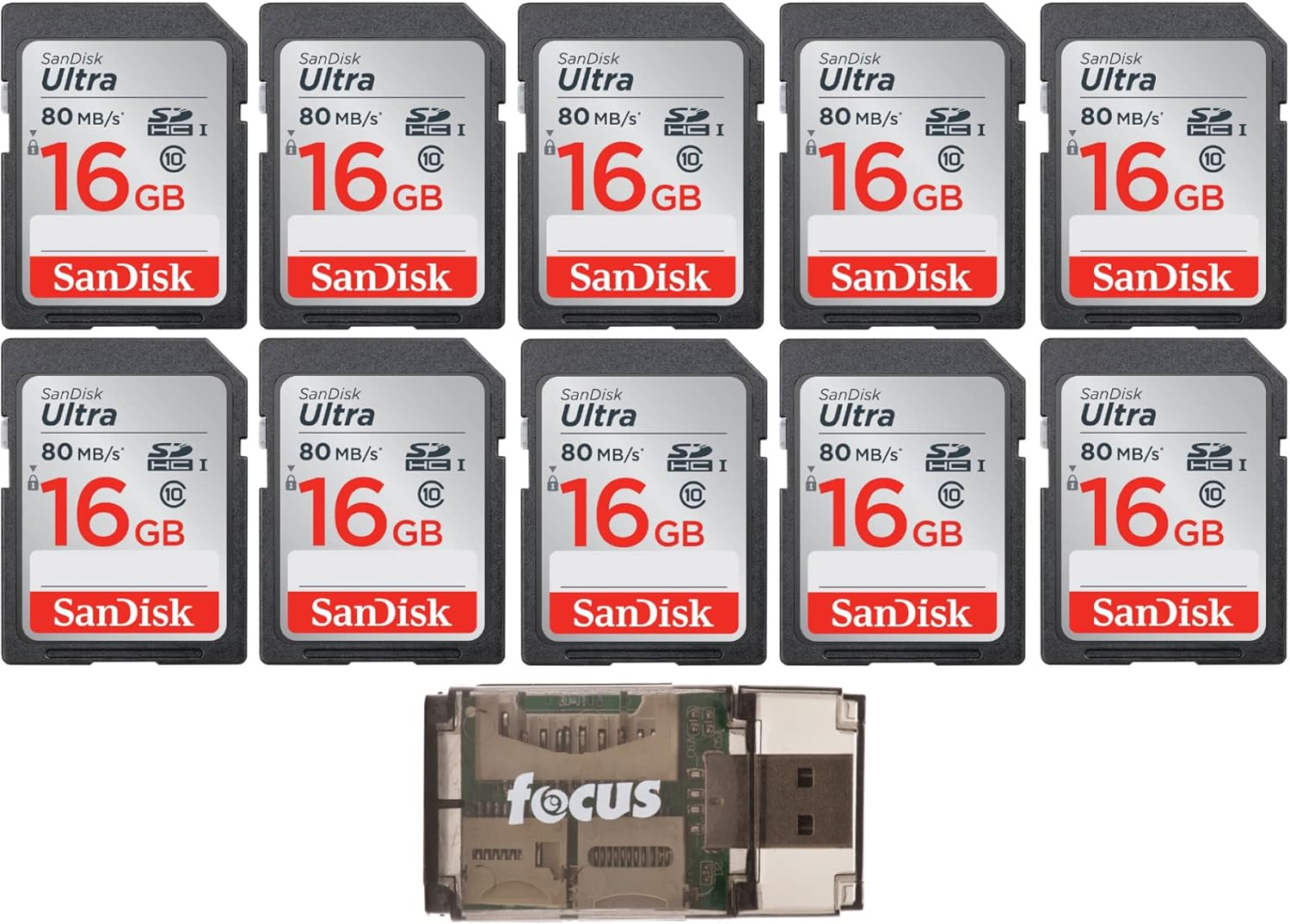 SanDisk Ultra 16GB Class SD Memory Card (10-Pack) with Focus All-in-One High Speed USB Reader Bundle (11 Items)