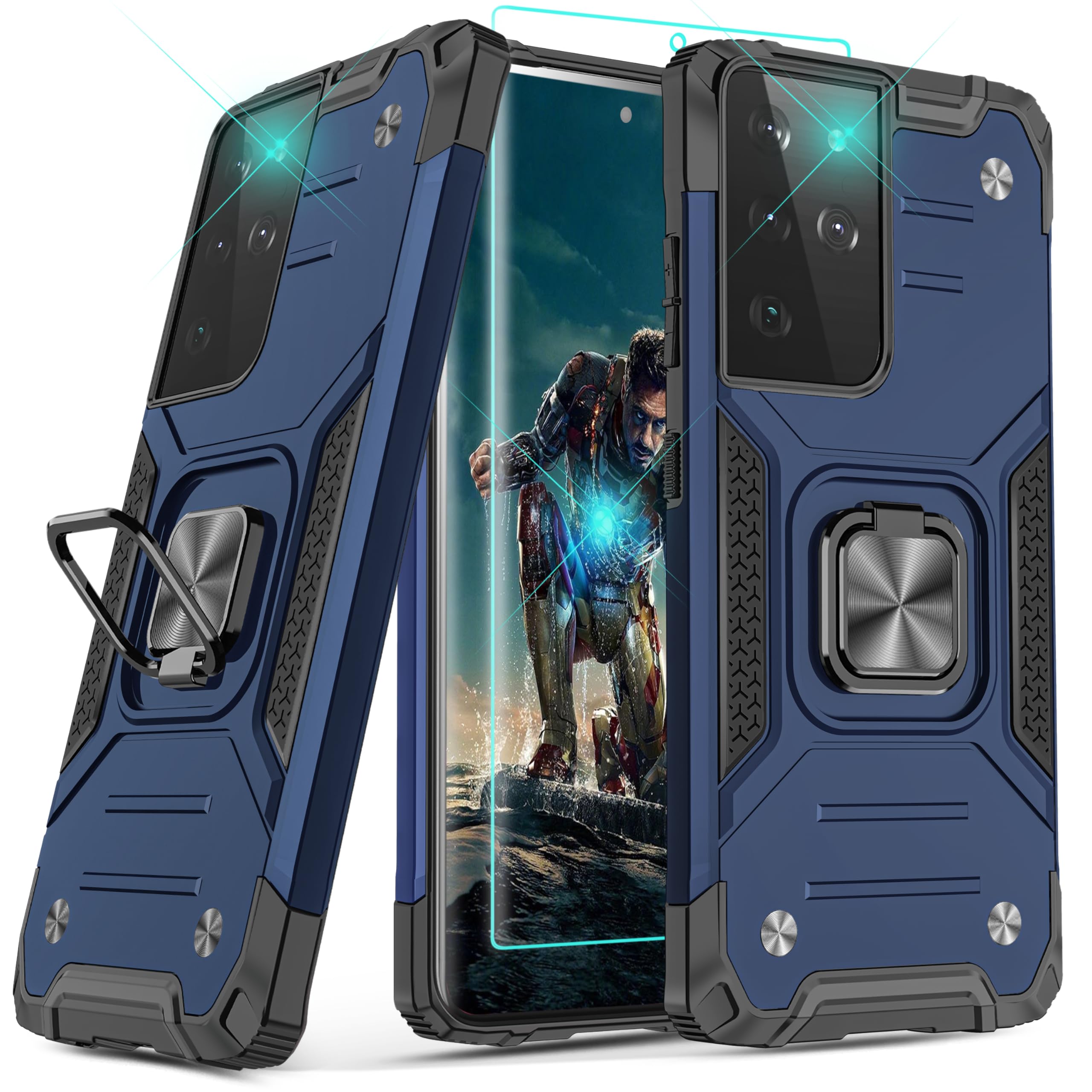 YmhxcY Galaxy S21 Ultra 5G Case with Self Healing Flexible TPU Film[1 Pack], Rotating Holder Phone Case for Galaxy S21 Ultra-KK Blue