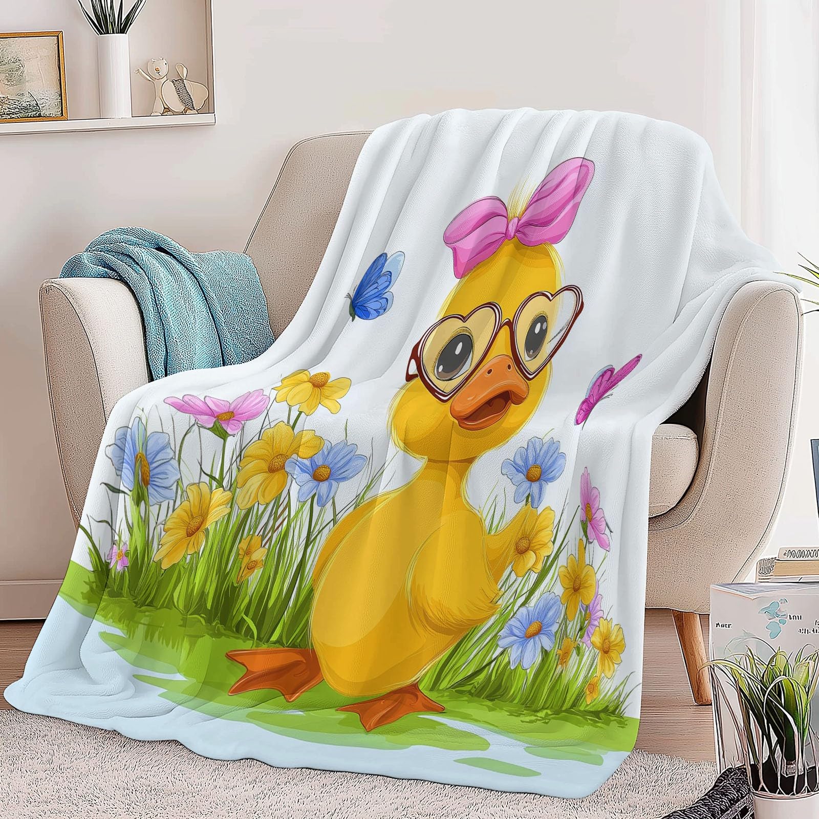 Koc polarowy flanelowy z motywem kaczki z kreskówkowego polaru, narzuta na sofę Wygodny dwuosobowy koc na łóżko w kratę zima, 220 x 240 cm Jasny kolor