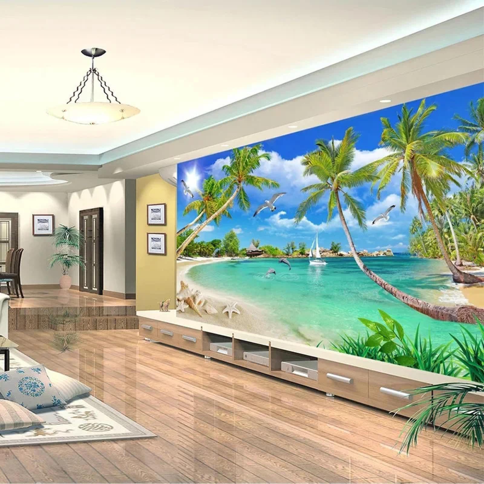 Murale 3D con spiaggia, cocco, gabbiano, delfino, barca a vela, oceano, paesaggio, soggiorno, TV, divano (PVC autoadesivo)