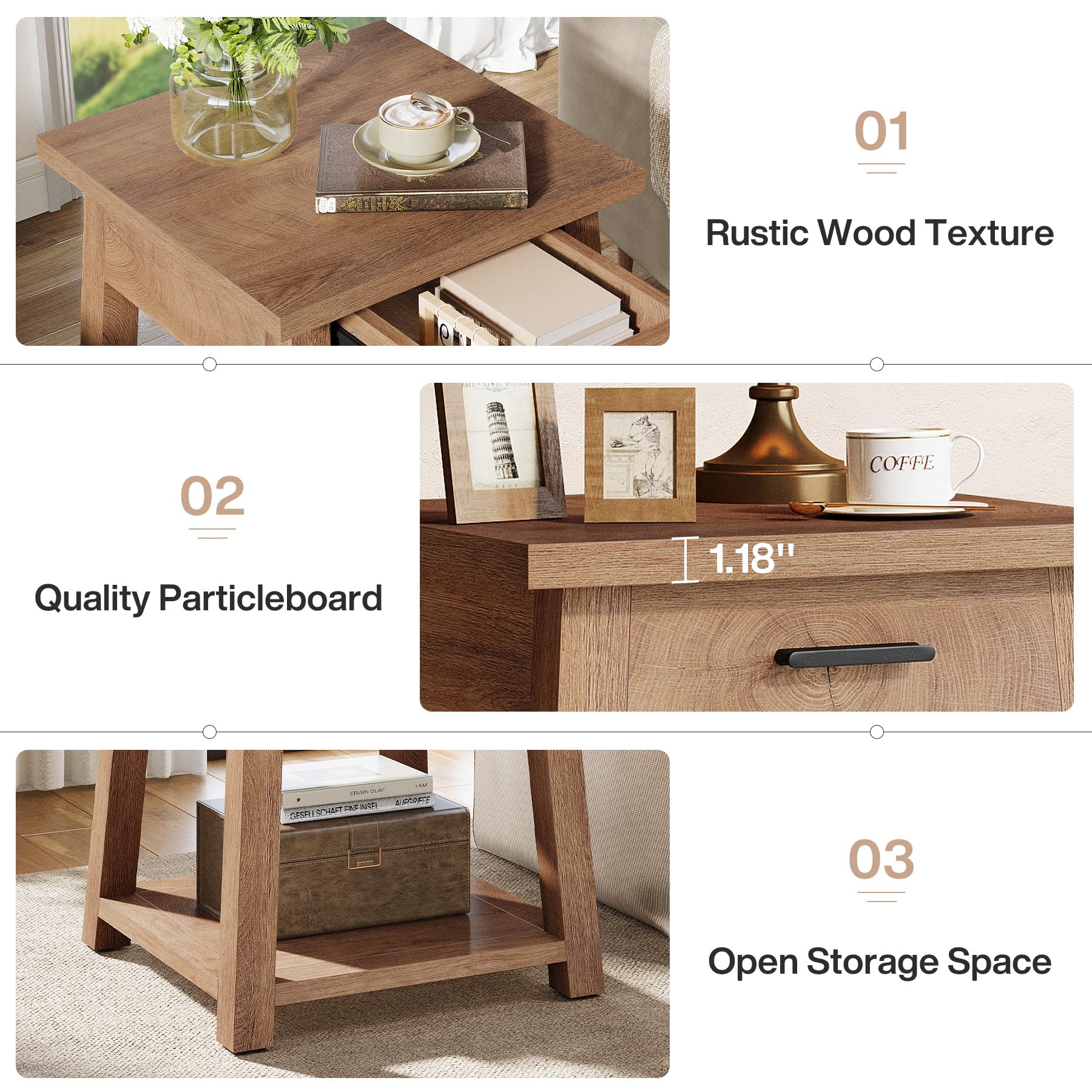Tribesigns Farmhouse Square Side Table, 2 -Tier Wooden End Table with Drawer, Rustic Nightstands with Shelf Storage for Living Room, Bedroom, Office and Small Spaces