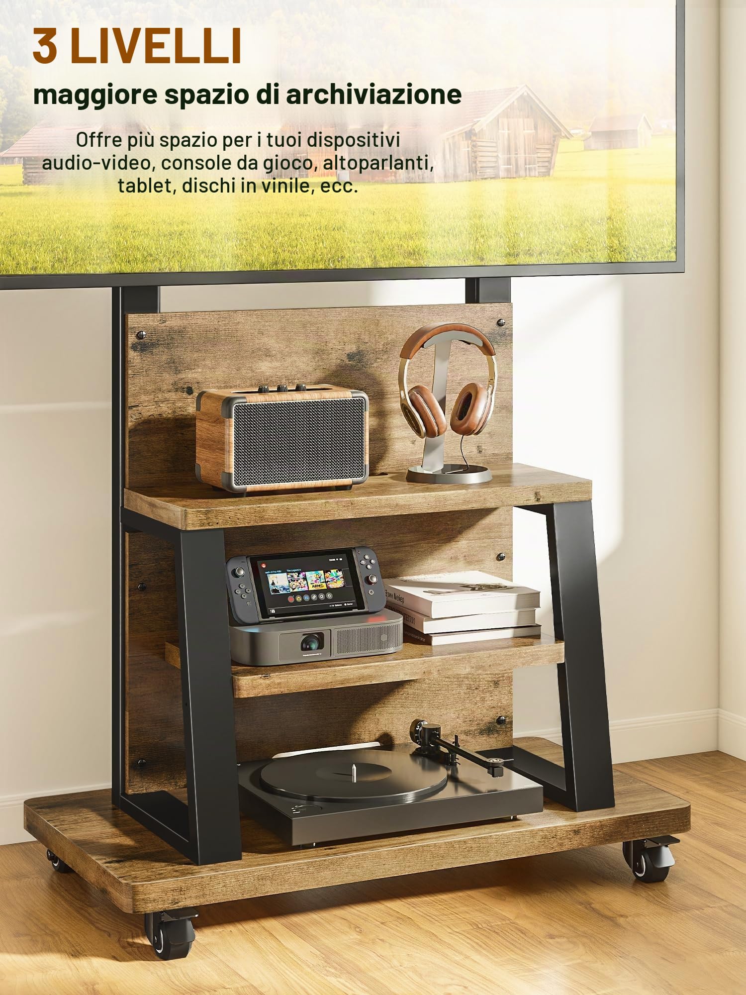 Mobile Supporto TV da Pavimento per TV da 37 a 75 pollici, carrello TV mobile con portaoggetti a 3 ripiani, Porta TV da terra altezza regolabile (68 kg carico), MAX VESA 600x400 mm