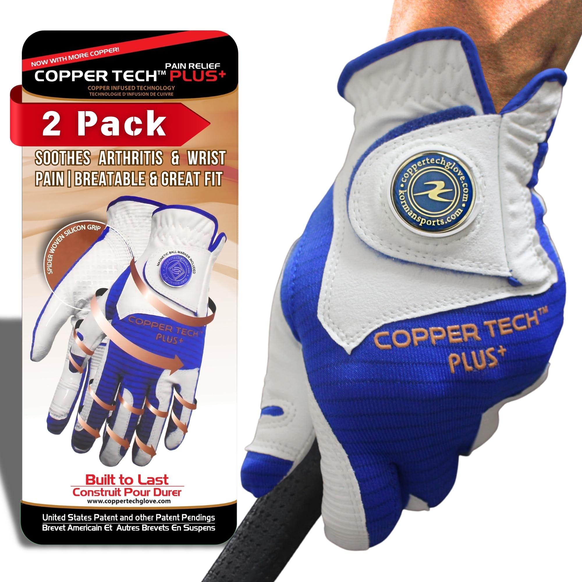 Copper Tech Men's Golf Gloves 2 Pieces Pack Worn ON Left Hand White/Royal Blue ONE Size FIT Most(Medium Thru Medium Large)