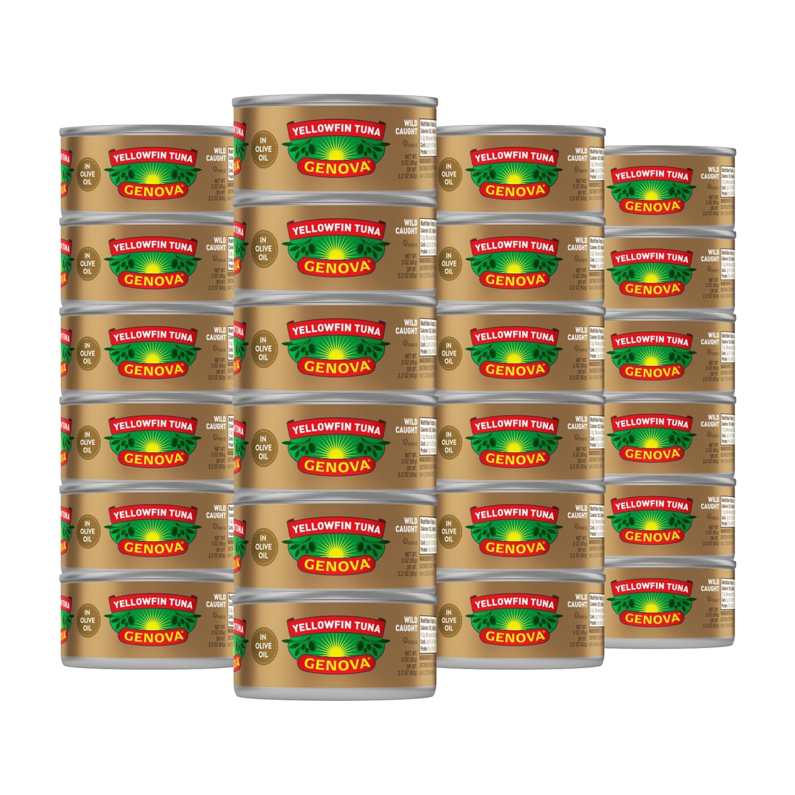 Genova Premium Yellowfin Tuna in Olive Oil, 3 Ounce Cans (Pack of 24), Wild Caught Canned Tuna, Solid Light