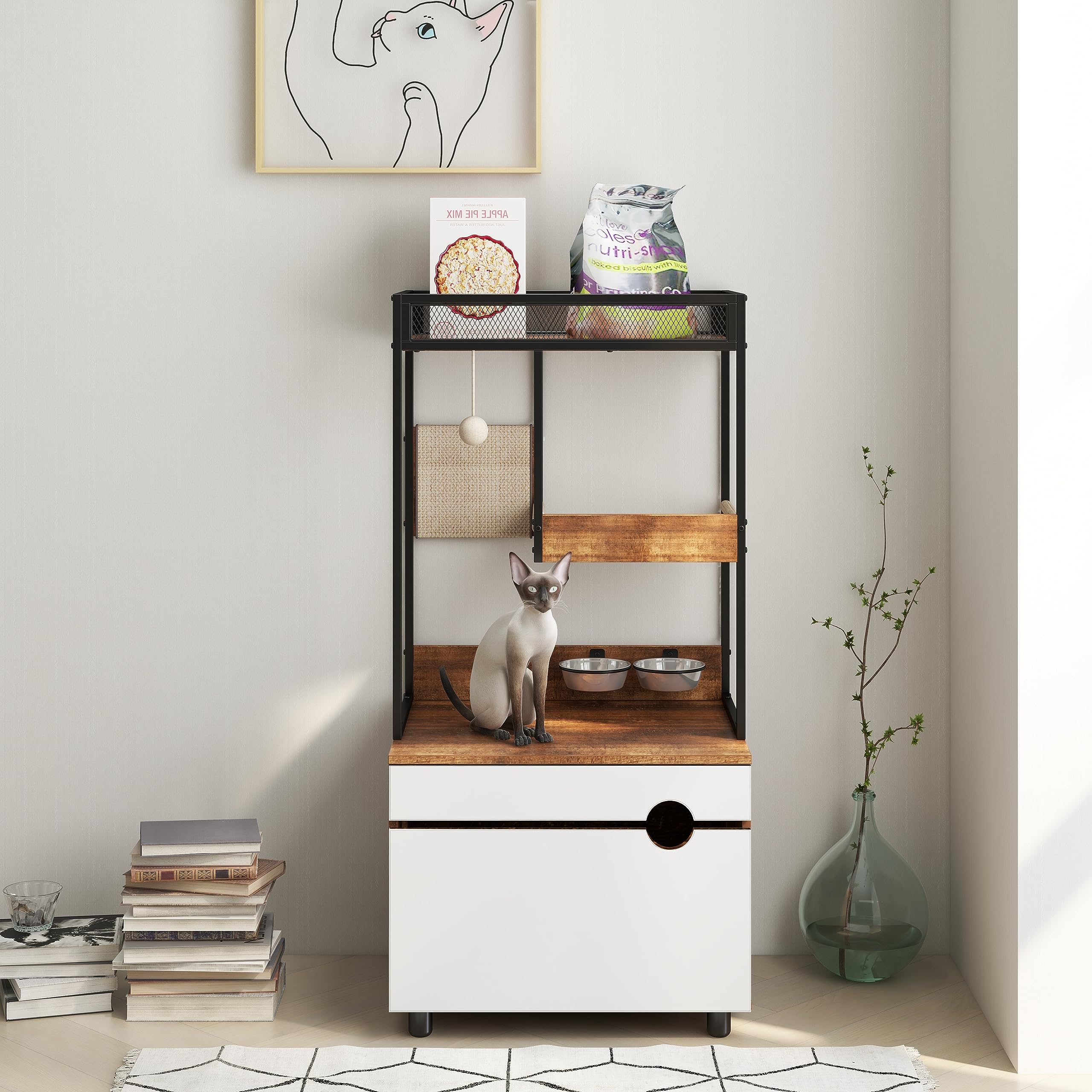 VFJ Cat Litter Box Enclosure Furniture with Cat Tree Tower, Kitty Litter Box Hidden Cabinet with Shelves Scratching Pad and Cat Bowls, Cat Washroom