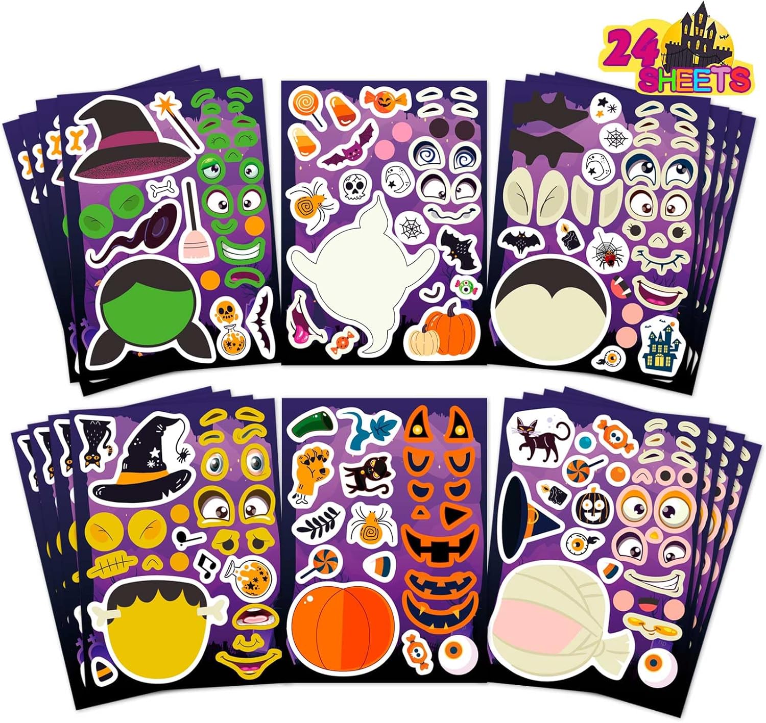 24 PCS Make-a-face Halloween Sticker Make Your Own Halloween Character Mix and Match Sticker with Vampire, Witch, Mummies Zombies, Ghost and Pumpkin Trick or Treat Halloween Goodie Bag Fillers Halloween Stickers