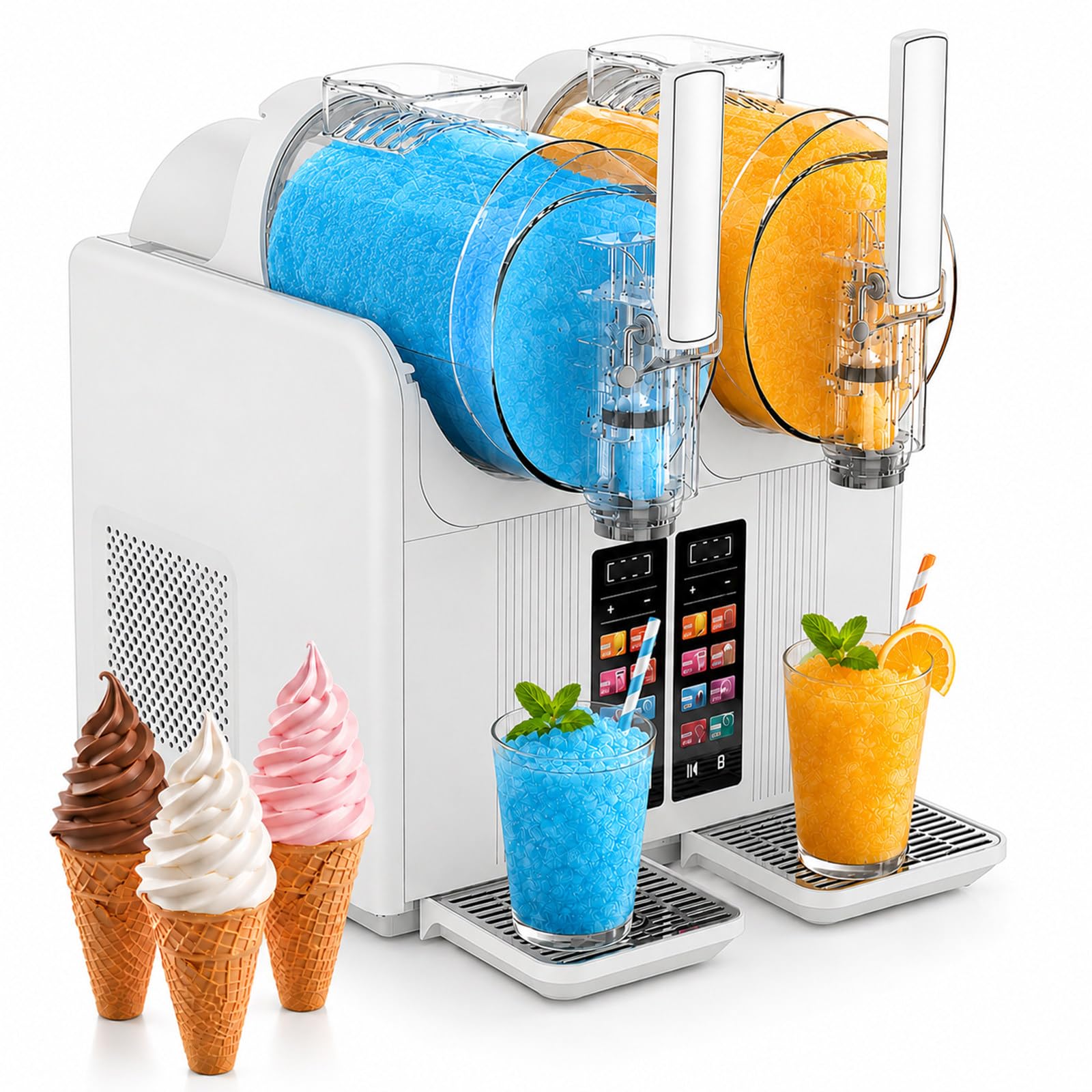 SHUMIAO Slushie Machine for Home Commercial Use, 430W Dual 2L Bowls Slushy Maker & Soft Serve Ice Cream Machine, 7 Presets Automatic Margarita Smoothie Maker, Auto Clean, for Bubble Tea Shop White