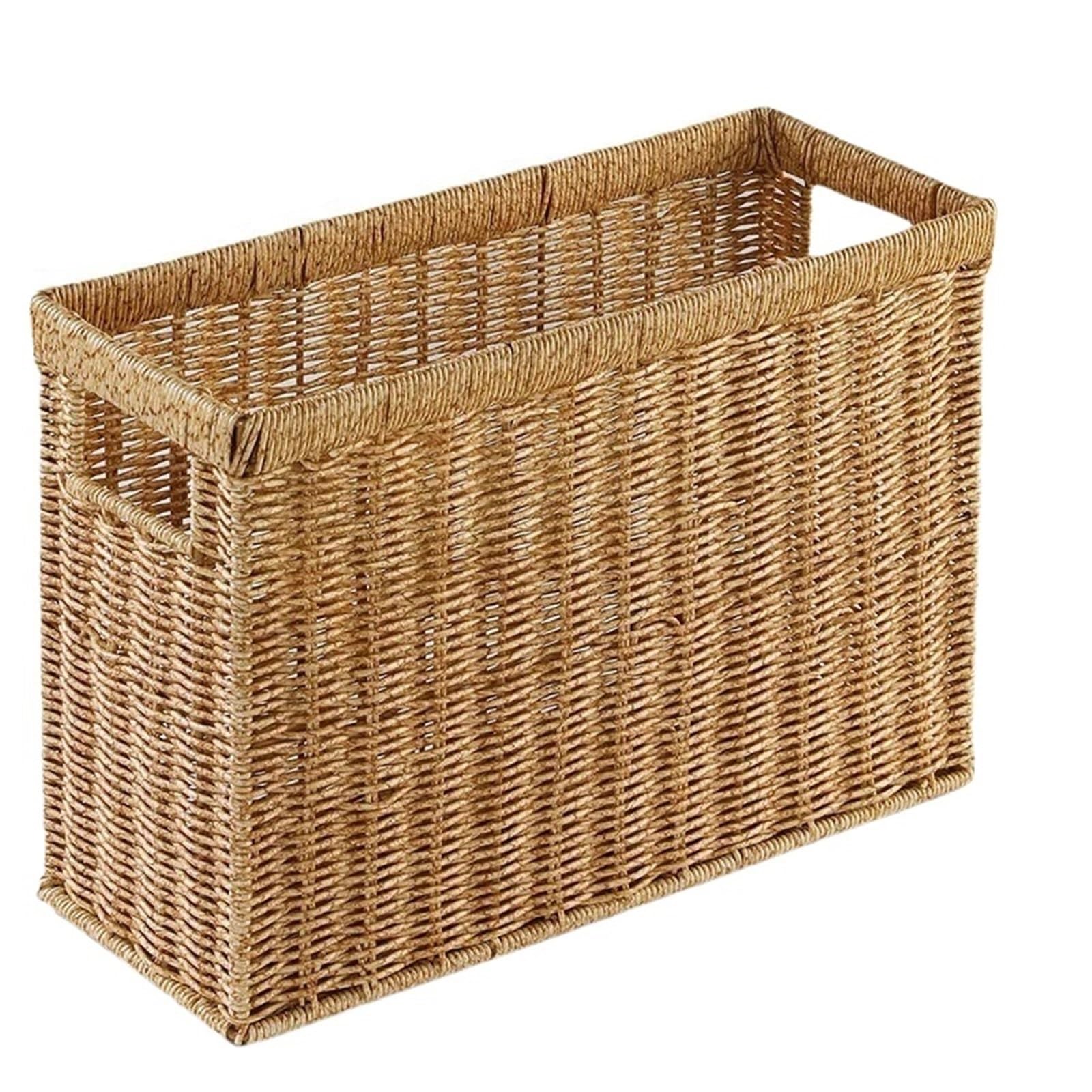 Woven Magazine Rack Hand-Woven Storage Basket Grass Woven Box Sundries Magazine Desktop Organizer for Newspaper, Letter(Color1)