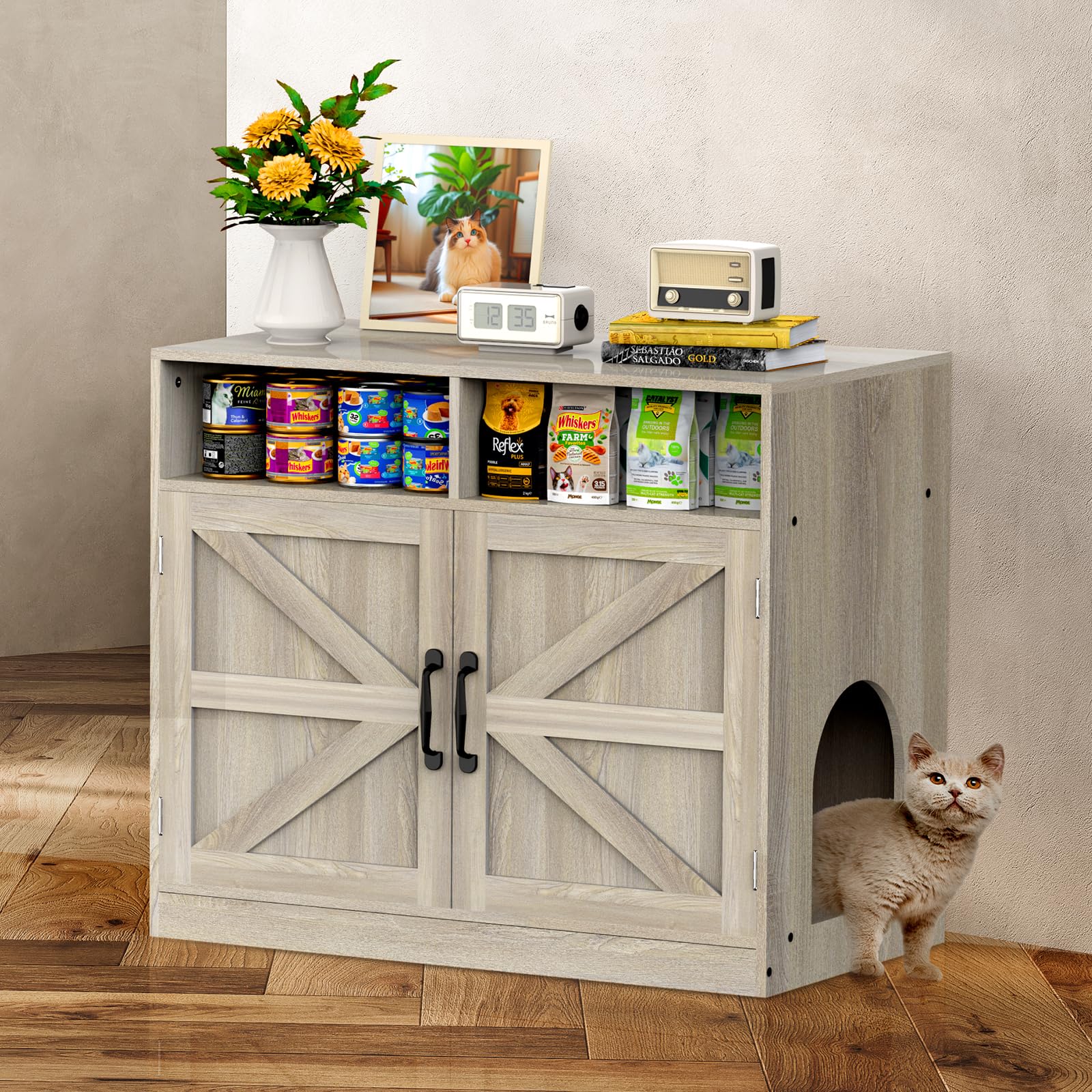 Hidden Litter Box Furniture Ultra-Large Wooden Enclosed Litter Box Furniture,2-Door Storage Cabinet, 2 Open Drawers, 1 Air Vents,Cat Litter Furniture Fit Most of Litter Box.(Gray, No Drawers) - image 7