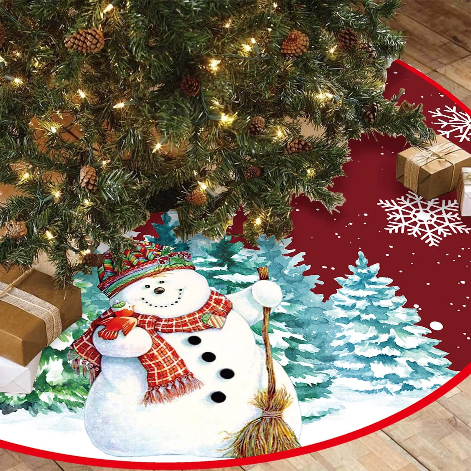 1 Pce Jupe De Sapin De Noël 90Cm Rouge Couverture De Pied Père Noël Flocon De Neige Tapis De Base Décorations