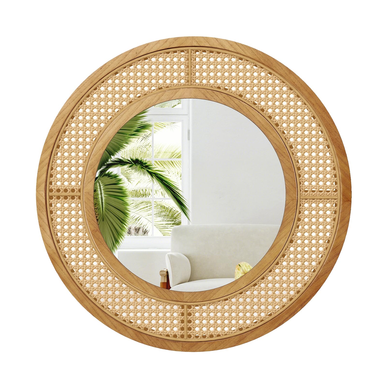 COSTWAY Specchio da Parete Rotondo 40 cm con Cornice in Rattan, Vetro in Alluminio e Gancio Metallico - Decorativo per Soggiorno Camera da Letto Ingresso