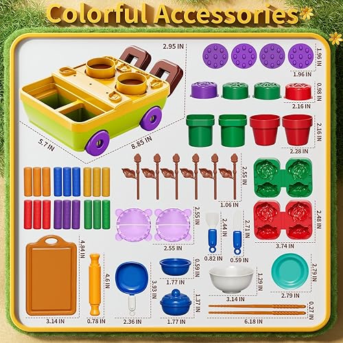 Miniatura 6 de Juego de 50 piezas de arcilla de juego de jardín de flores florecientes para niños de 3 a 5 años, accesorios de cocina con carrito, platos de