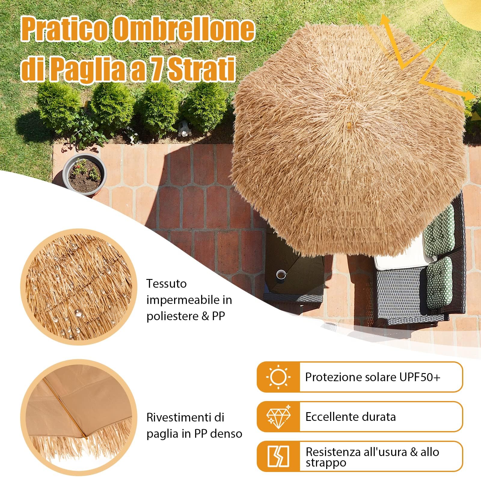 RELAX4LIFE Ombrellone da Spiaggia 200cm, Parasole Hawaiano in Paglia Simulata, Palo, Ideale per Spiaggio, Giardino e Balcone (205 cm)