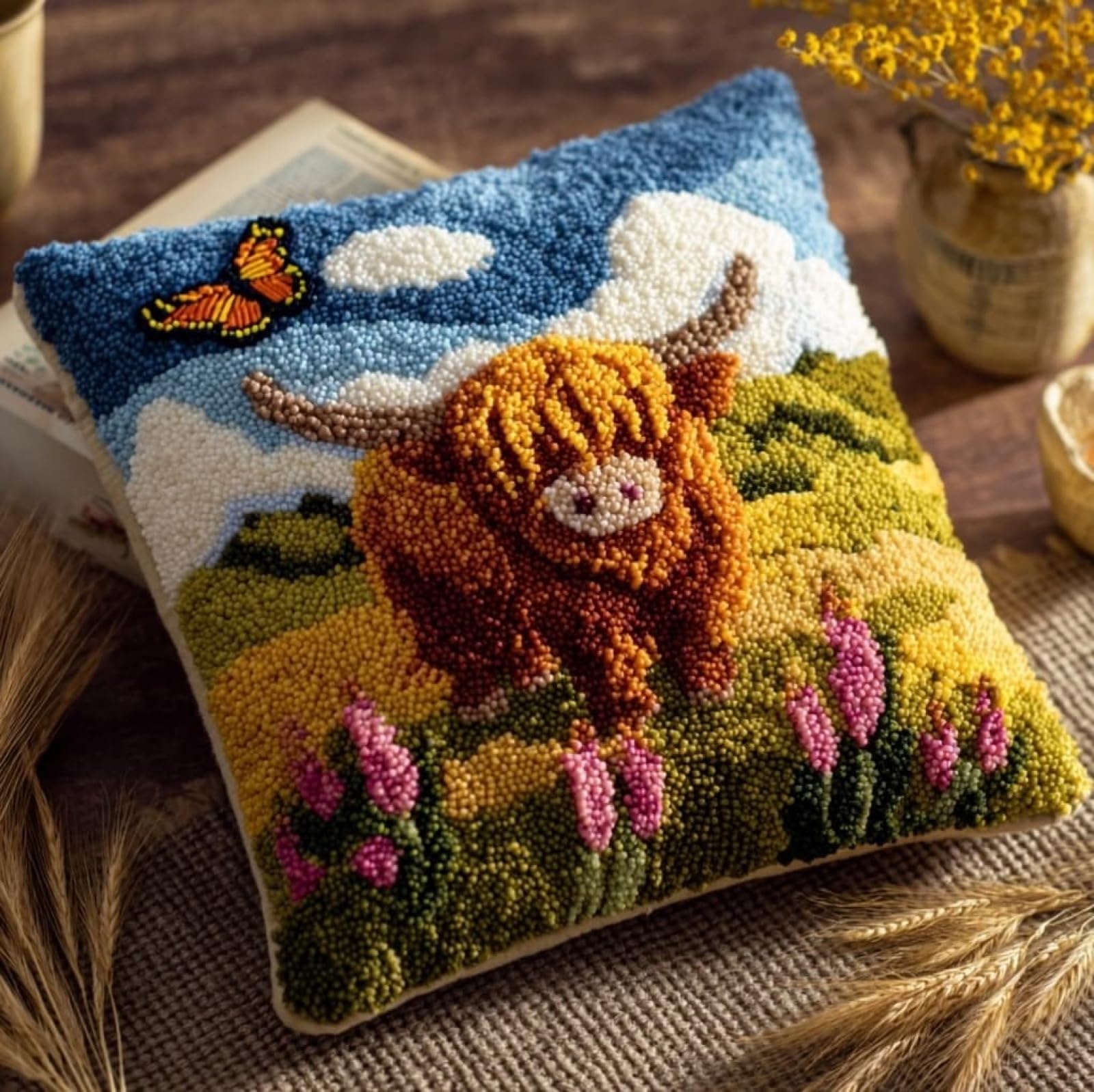 AxiangziK Latch Hook Pillow Cushion Cover Kit,Highland Cattle and Butterflies DIY Embroidery Craft Set,43x43cm Home Decoration,Beginner-Friendly Rug Hooking Materials