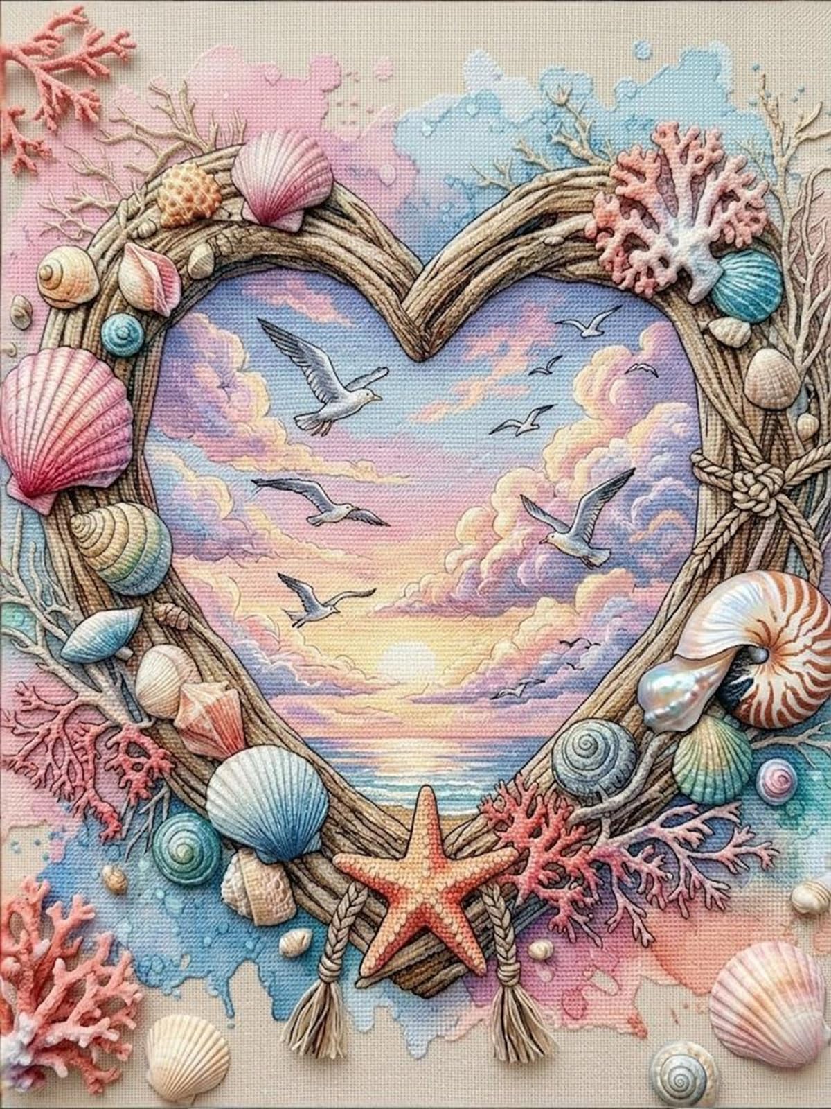 CAYLEKI Seaside Heart Cross Stitch Kit for Adults & Beginners - 40x30cm 11CT Stamped Needlework Set with Pre-Printed Fabric, Eco Cotton Threads, Needles & Guide for DIY Craft & Home Decor Gifts
