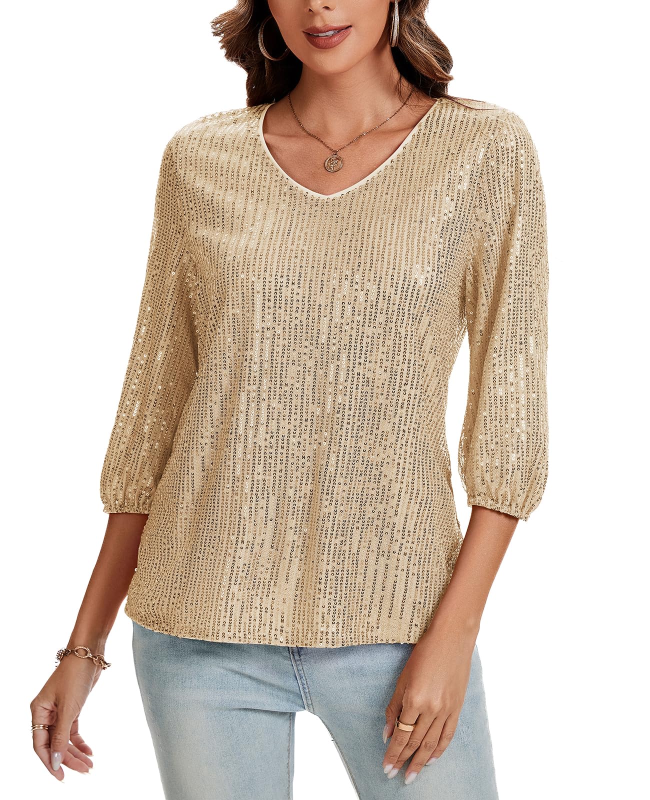 Top da donna con scollo a V con paillettes maniche a 3/4 con polsino elastico, camicie per feste da sera, corpo intero con glitter scintillanti, abito elegante completamente foderato