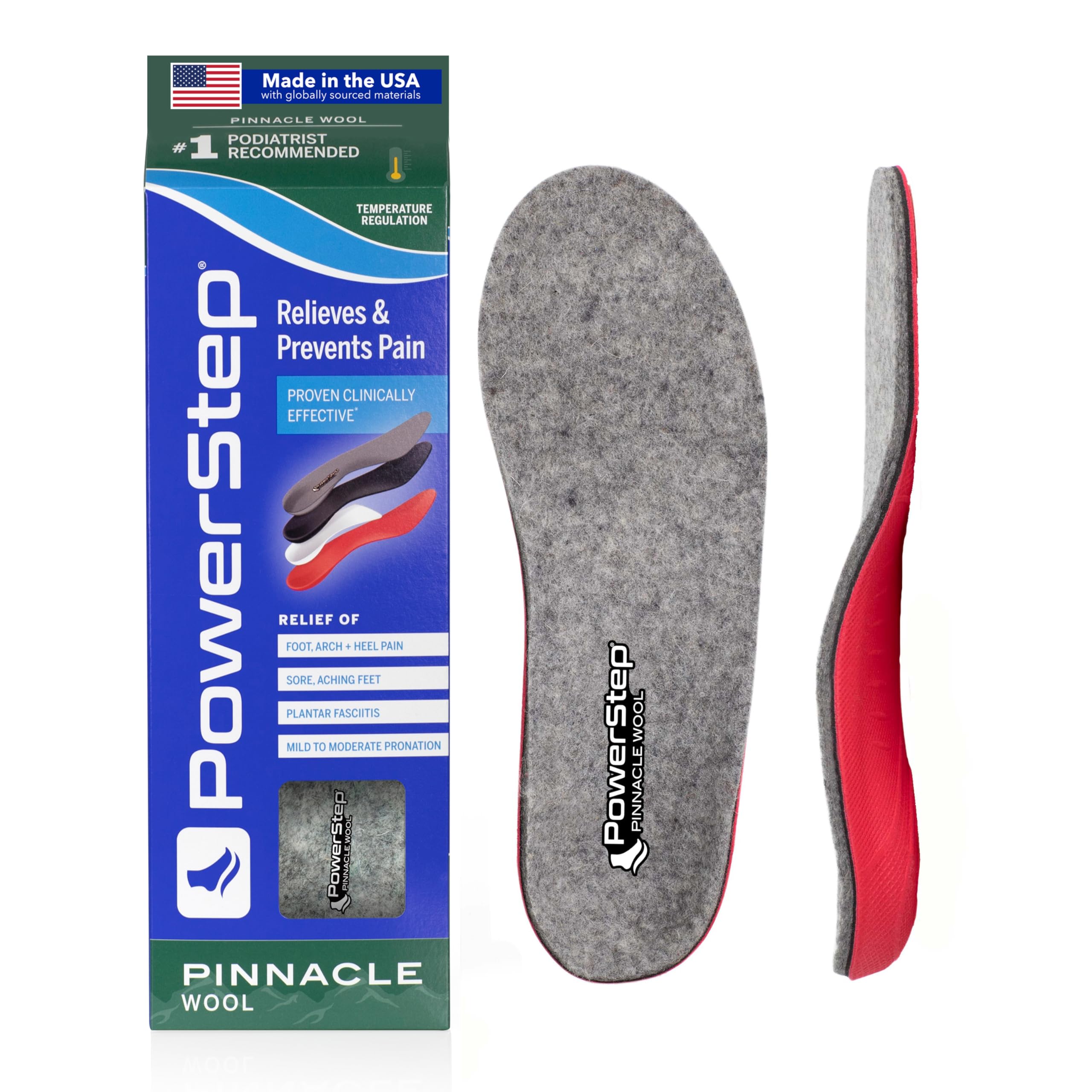 Pinnacle Wool Orthotic Insoles, Arch Support, Temperature Control Insoles, Plantar Fasciitis Pain Relief, Mild Pronation for Men and Women, Unisex, Made in The USA