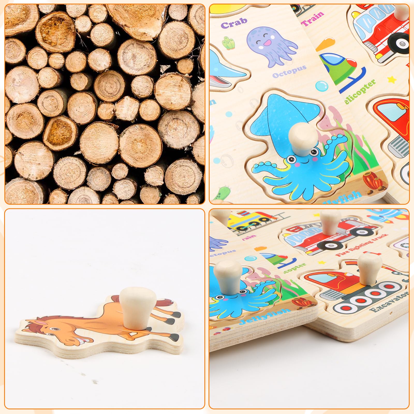 6 Pièces Puzzle Bois avec Poignée - Apprentissage Précoce Puzzle Encastrement éducatif Montessori pour Garçons Filles- Puzzles Encastrable Vehicule Ferme Fruits Animaux Marins Insectes
