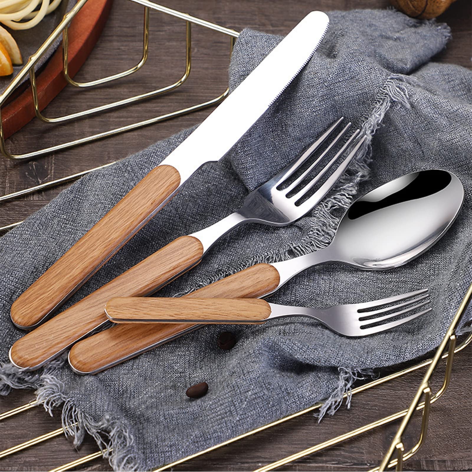 set di posate, Posate Da Cucina 1 A 4 Pezzi Con Eleganti Manici In Legno, Include Coltello, Forchetta E Cucchiaio