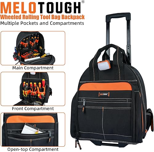Miniatura 7 de MELOTOUGH Bolsa de herramientas rodante con luz LED con mango telescópico, bolsa de herramientas rodante resistente con ruedas, bolsa de