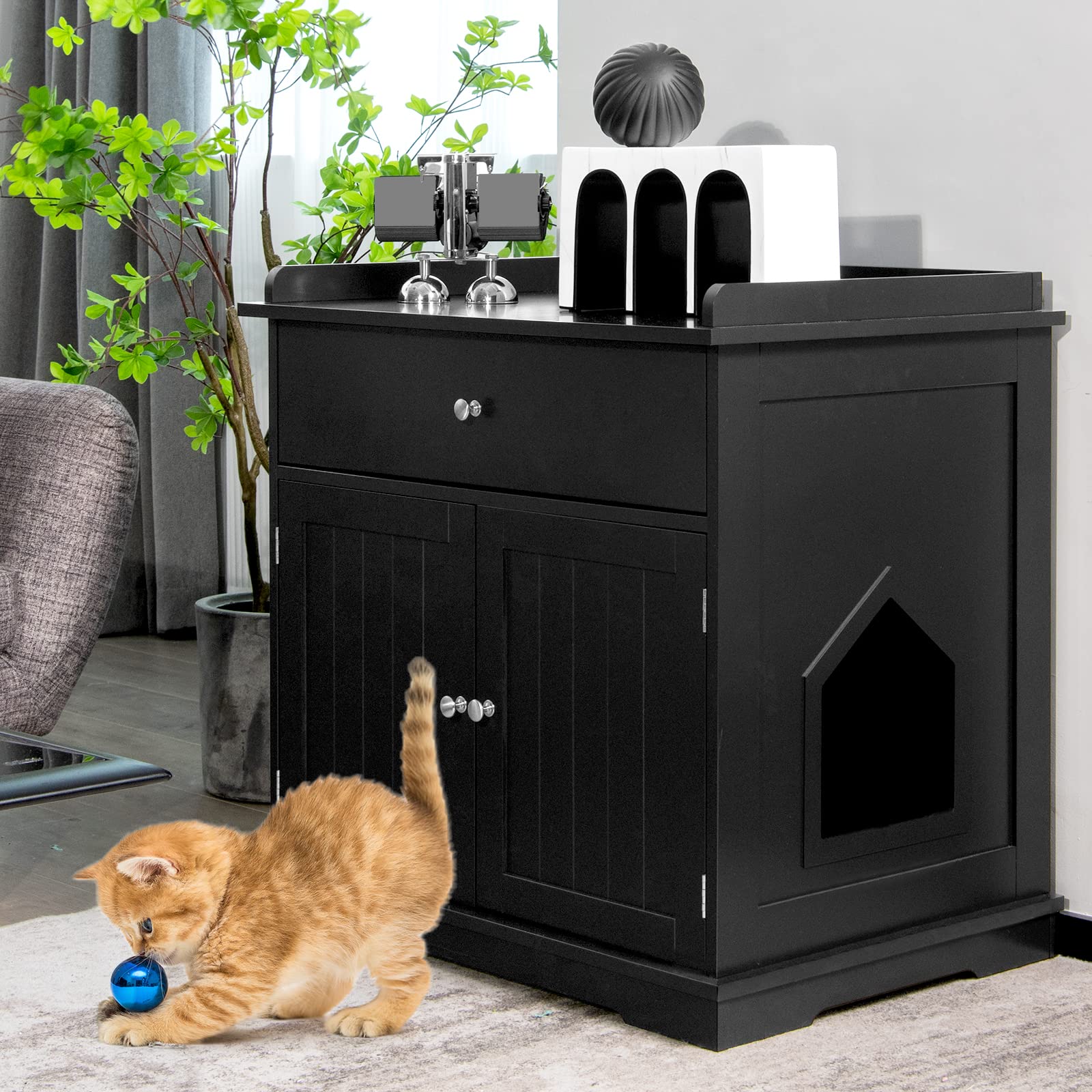 COSTWAY Katzenschrank mit Schublade & Tür & Eingang, 3-in-1 Katzenhaus Katzentoilette Beistelltisch, Schrank Katzenklo Katzenkommode, Katzenhöhle Haustierbox, Katzenmöbel (Schwarz)