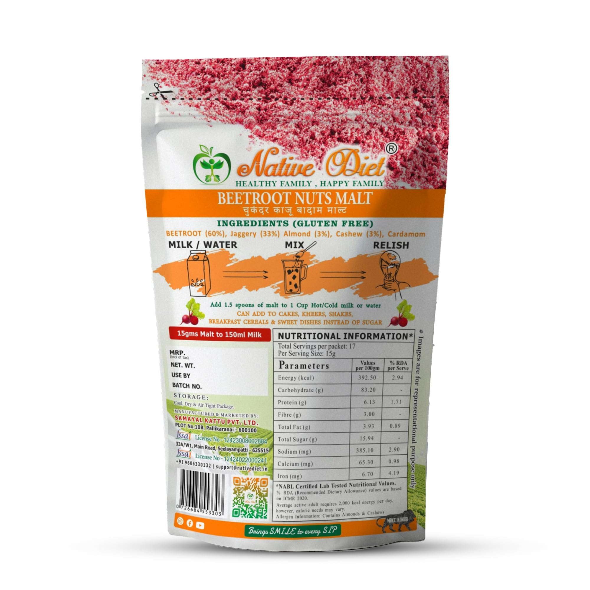 Native Diet Beetroot Malt|Nutritional Milk Mixes|Glow Naturally|Vegan Friendly|Stamina & Immunity Boost|All Natural Ingredients|Traditional Wellness In a Cup|Healthy Drink ((250 * 2)-500,Beetroot) - Image 2 thumbnail