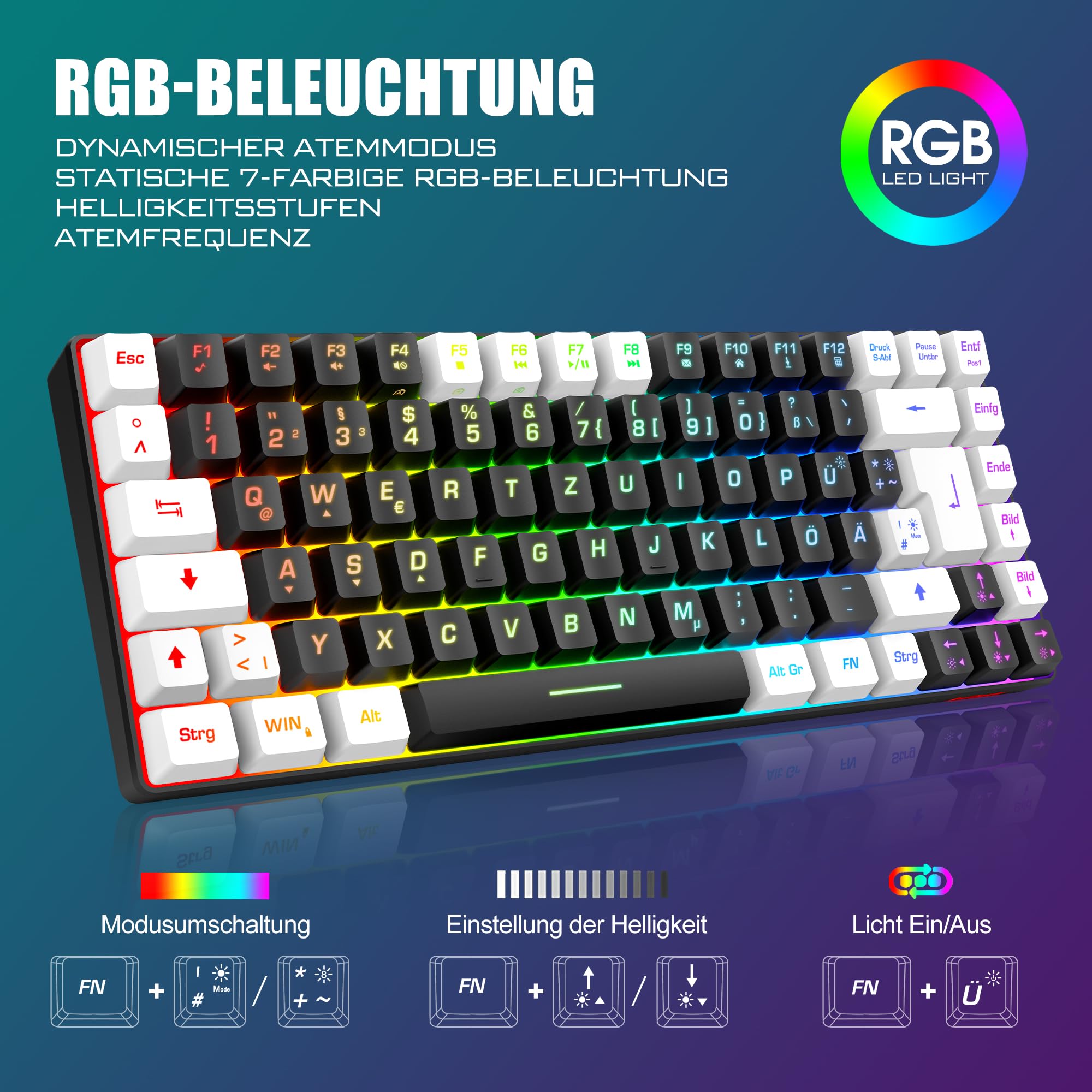 RedThunder K84 Clavier et souris de jeu sans fil QWERTZ DE, rechargeable, compact, ultra-léger Construction Honeycomb pour PC, Mac, PS5, Xbox (version noir et blanc 2024)