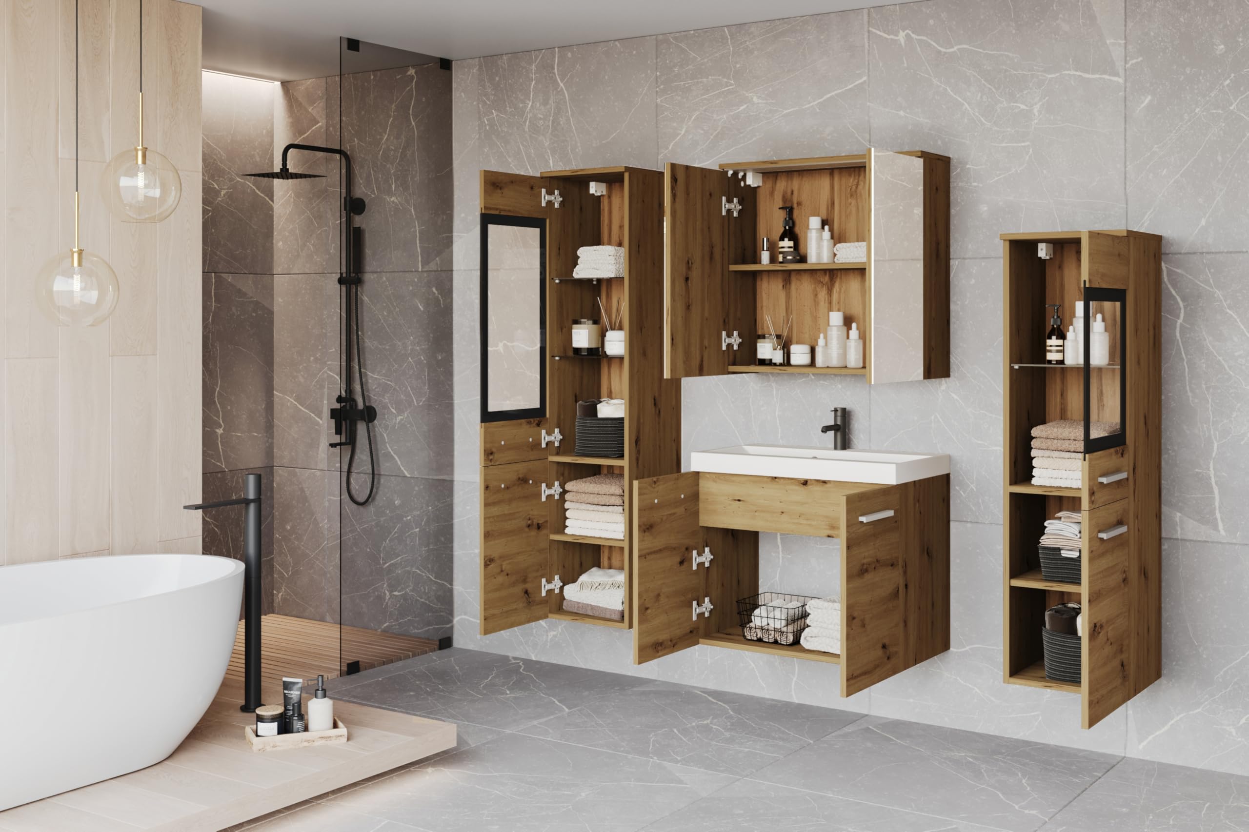 PIASKI Conjunto de Muebles de baño Udine, Lavabo Incluido, Juego de Muebles de baño, Armario Alto, Mueble de Lavabo, Espejo, Armario acristalado, sifón y lavaboincluido (Roble Artisan)