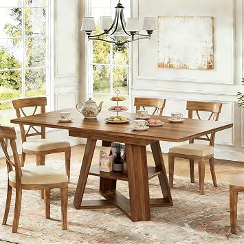 Lxsxlome 47.24-66.92 Extendable Dining Room Table for 4-6, Rectangle Extendable Kitchen Table with Removable Leaves, Space Saving, Wooden Dining Table with Storage Shelf Style 1, Walnut