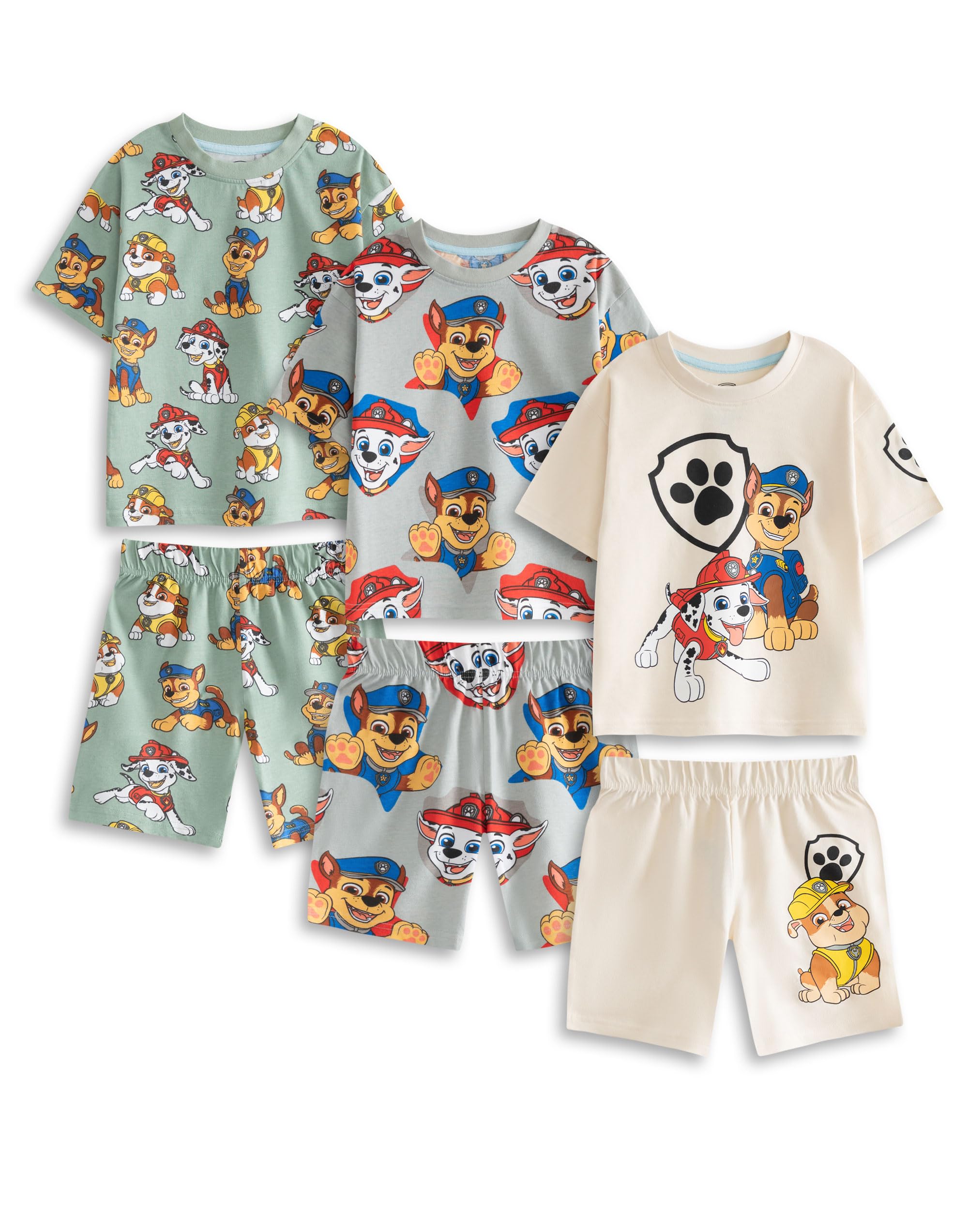 Paw Patrol Boys Multicoloured Light Green, Grey & Cream Pyjama Set | Multi-Pack Of 3 Short Sleeve Short Leg Sleepwear | Chase, Marshall, Skye & Rubble Cartoon Print Loungewear Merch - 4-5 Years
