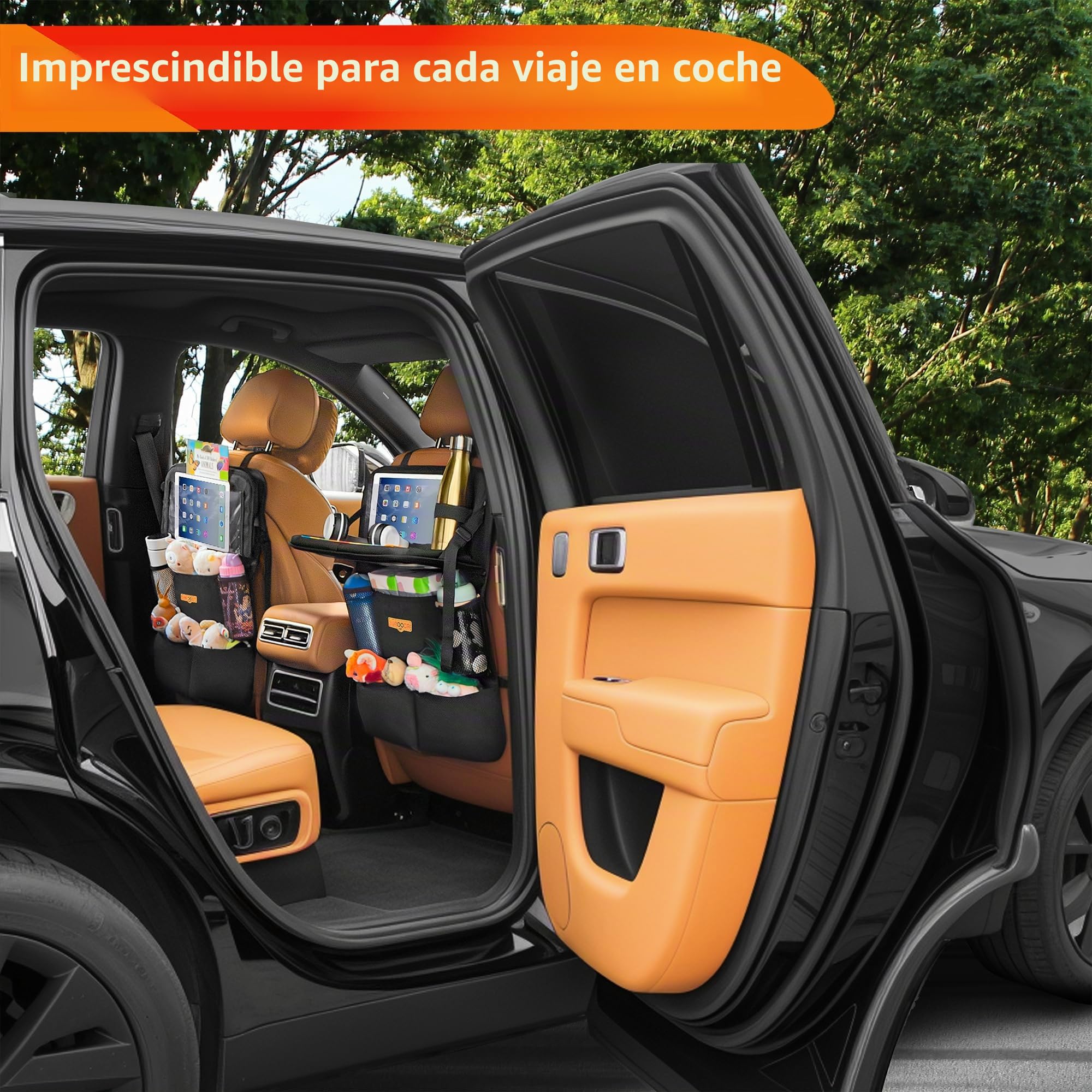 SURDOCA Organizador de asiento trasero de coche con bandeja plegable para niños y adultos – Nuevo modelo de almacenamiento de asiento con bolsillo táctil para tablet, artículos esenciales para viajes