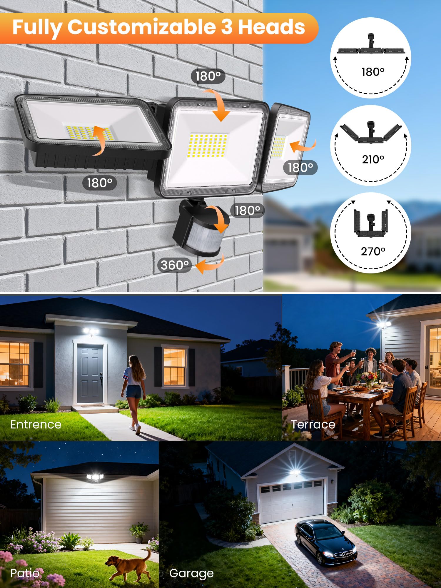 MEIKEE Foco LED con Sensor de Movimiento 70W 6580LM 6500K Blanco Frío Focos Led Exterior con Detector 3 Cabezas Luz de Seguridad Mando a distancia IP66 Impermeable para Jardín Patio Garaje Entrada