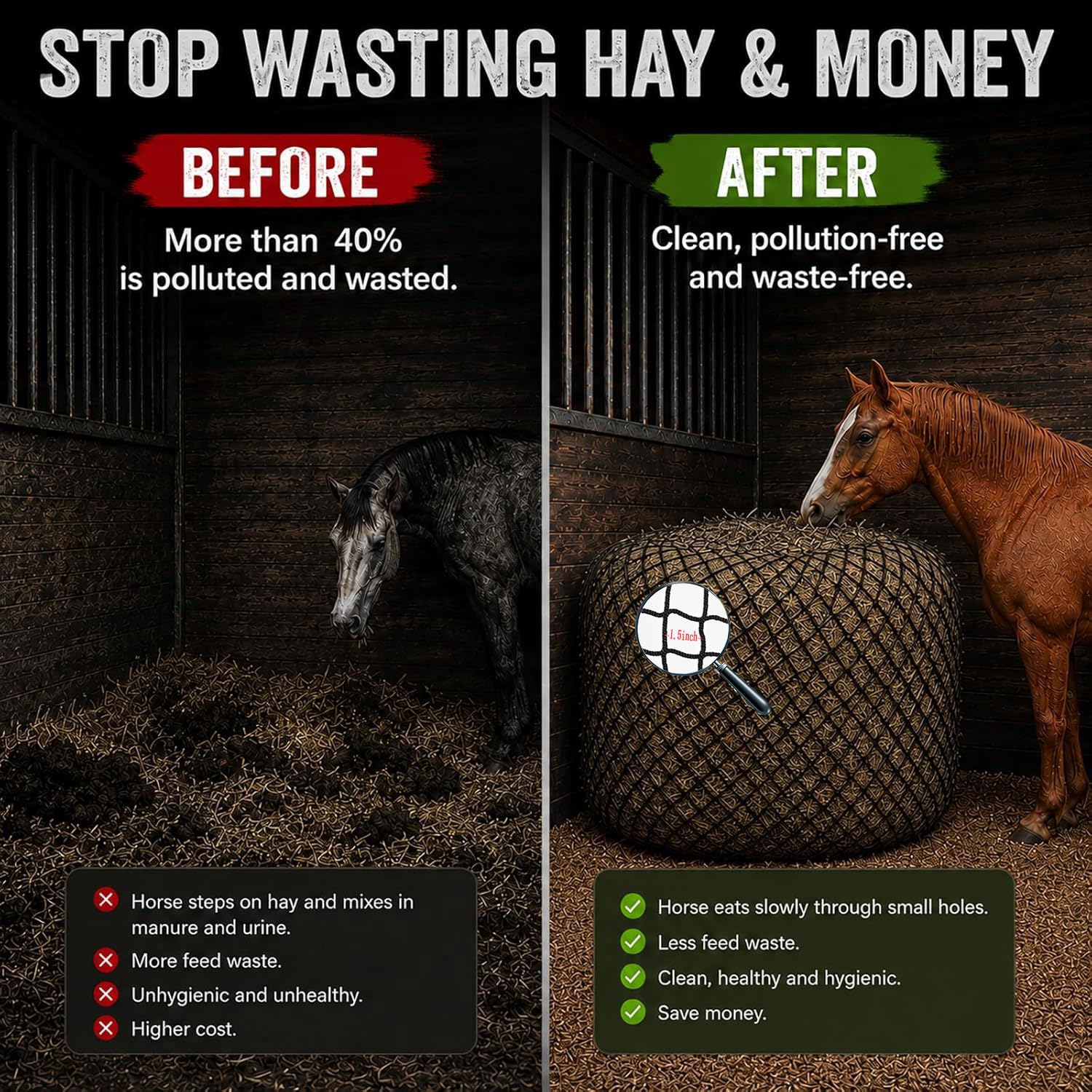 Red de heno redonda de 5 x 5 pies para caballos y cabras, redes de heno de alimentación lenta Hloes de 1.5 pulgadas con herramienta de reparación de red de heno