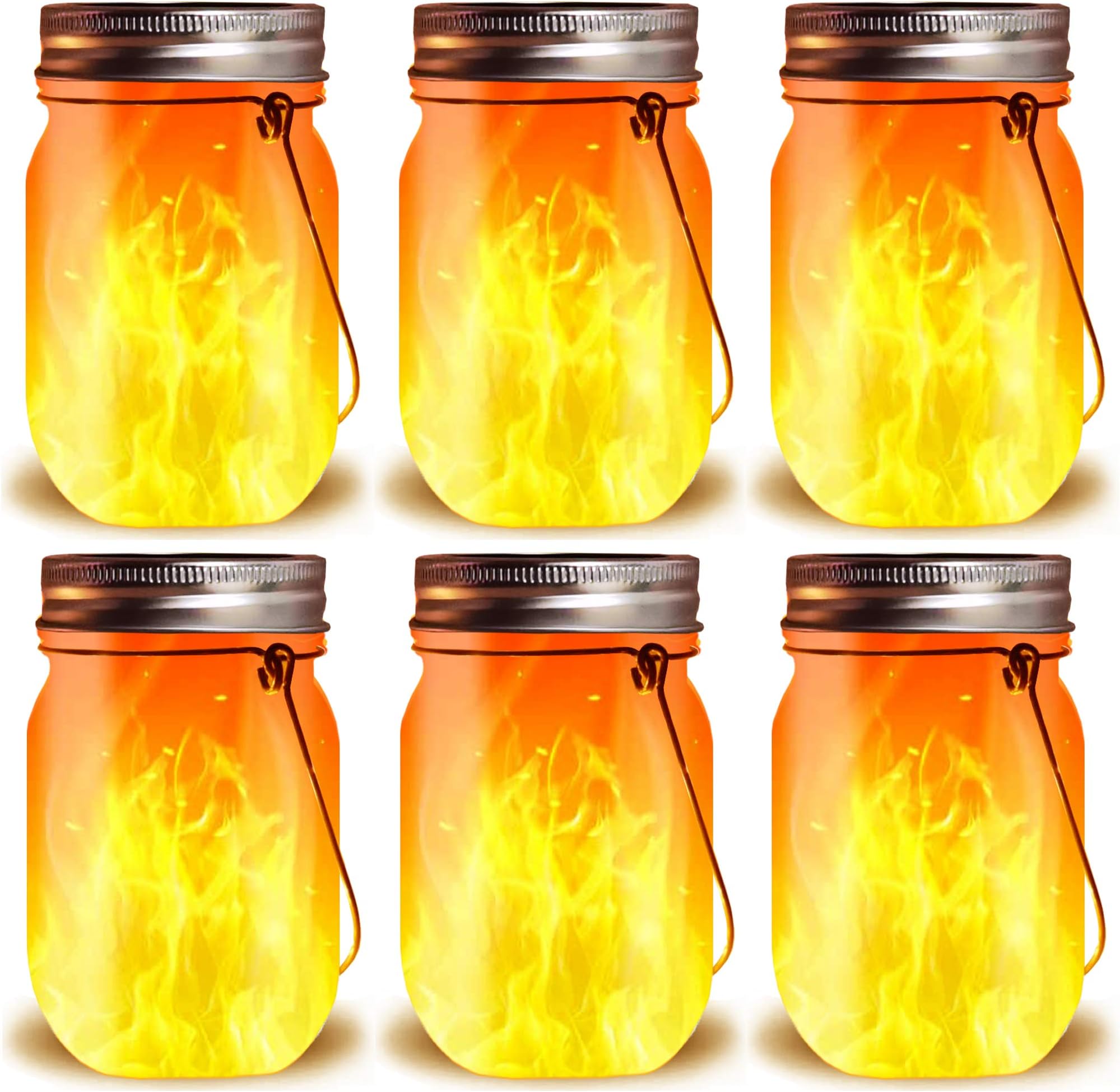 Solar Flame Lights Lanterns,6 Pack Glass Mason Jar Torches with Dancing Flickering Flames, Auto On/Off Dusk to Dawn,Landscape Garden Christmas Lights Decor