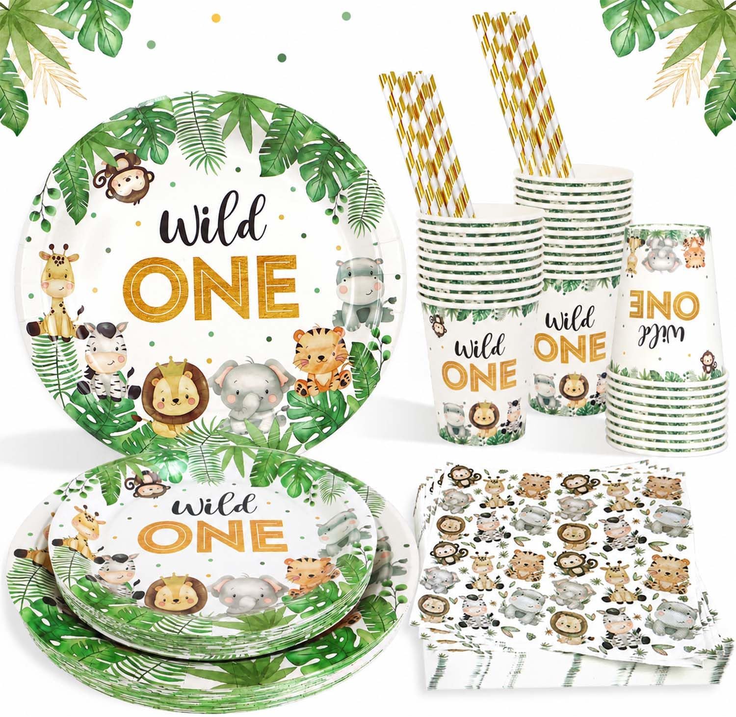 Wild One Birthday Decorations Paper Plates Set for 25 Guests, Boys Safari Jungle Theme Party Decorations Paper Plates Cups Napkins Straws Tableware Wild One Party Supplies