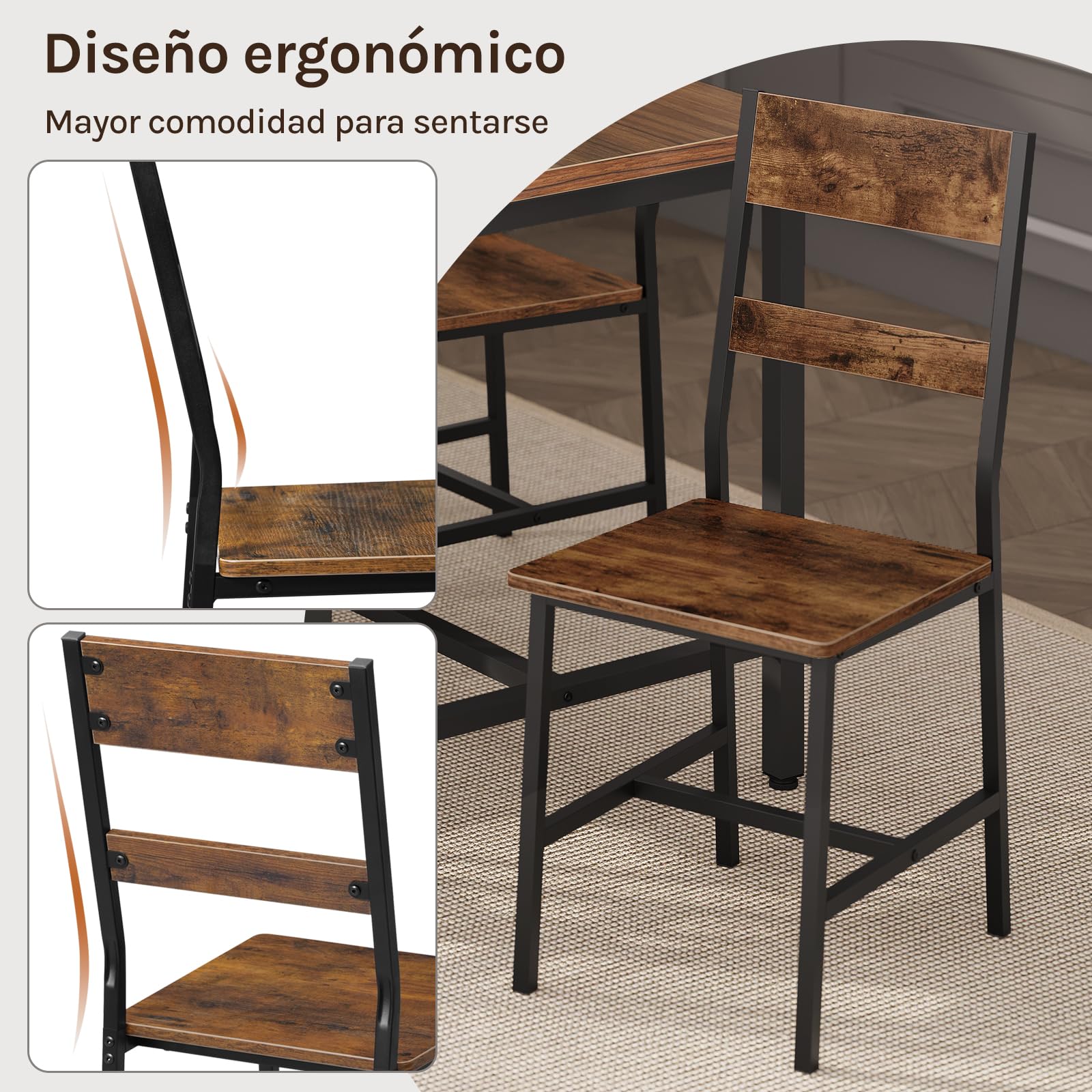 Juego de 4 Sillas de Comedor, Marrón Rústico | Estructura Metálica y Madera, Ergonómicas para Salón, Cocina, Balcón, Estilo Industrial