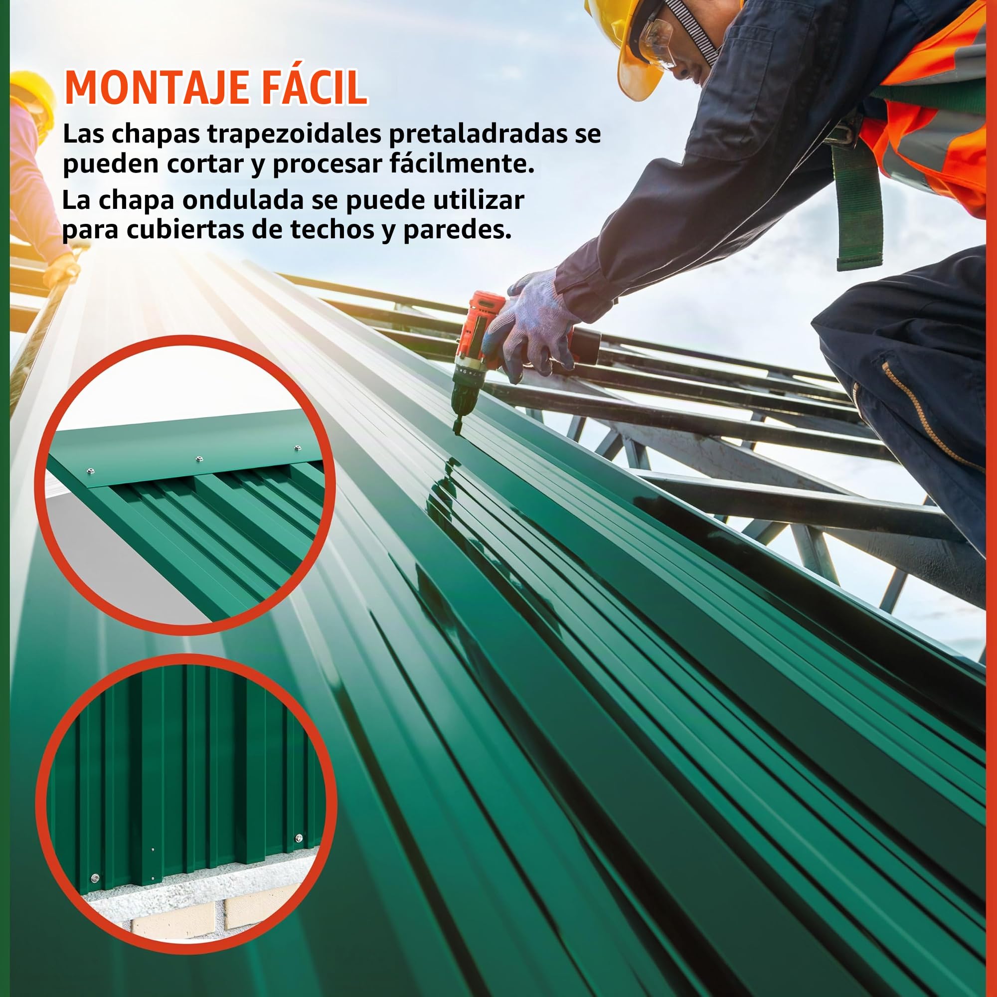 GARDEBRUK® Paneles para Tejado, Chapas Onduladas, Perfiladas Techo 14m², Placa Sandwich Perforada Galvanizadas, Cobertizo Garaje, Revestimiento Pared Caseta, 129x46cm, 24 Unid., Construcción