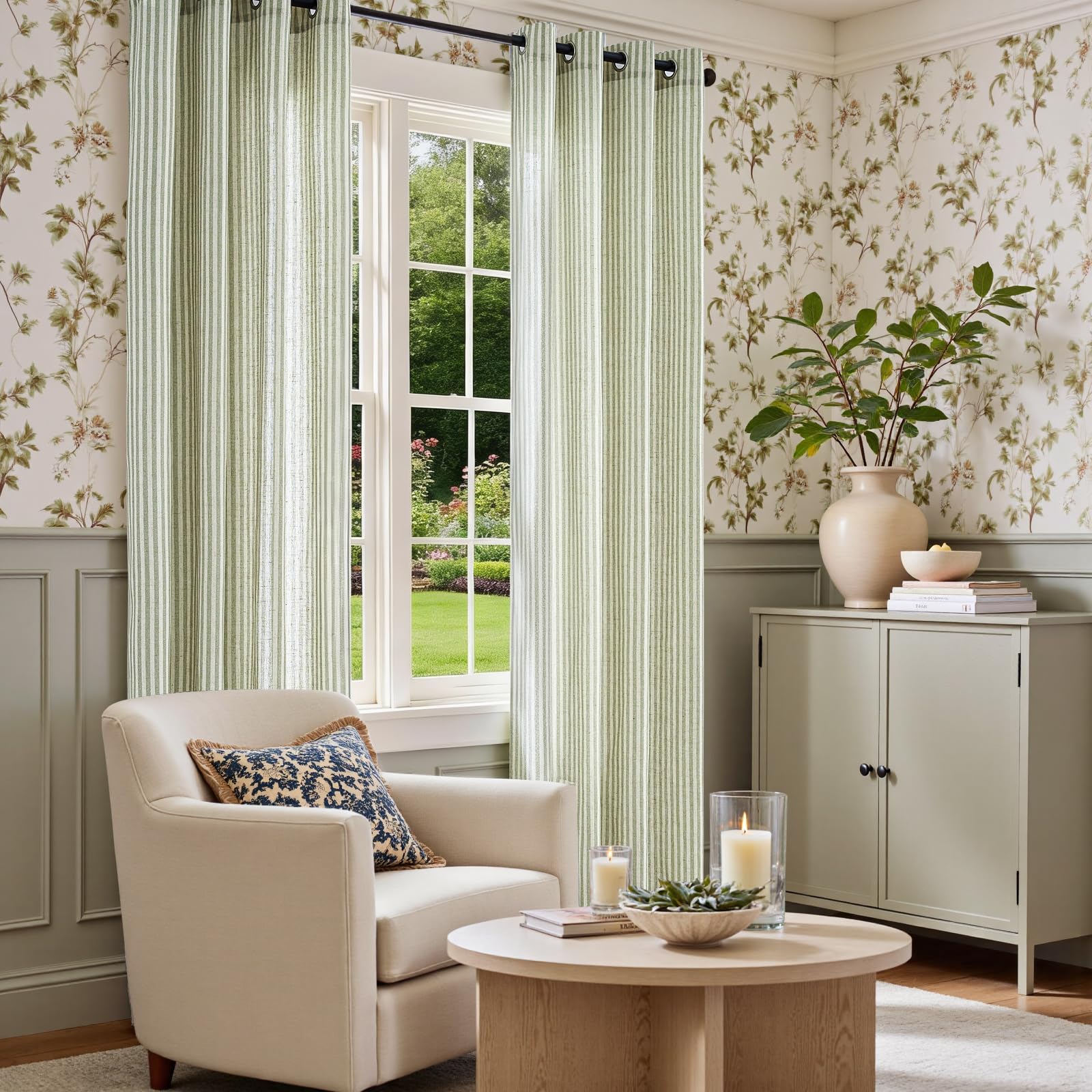 Vangao Lot de 2 Rideaux de fenêtre en Lin à Rayures coutil filtrant la lumière – Rideaux de fenêtre à Rayures Vertes Fines imprimées sur Beige – 160 cm de Long – pour Salon, Chambre à Coucher