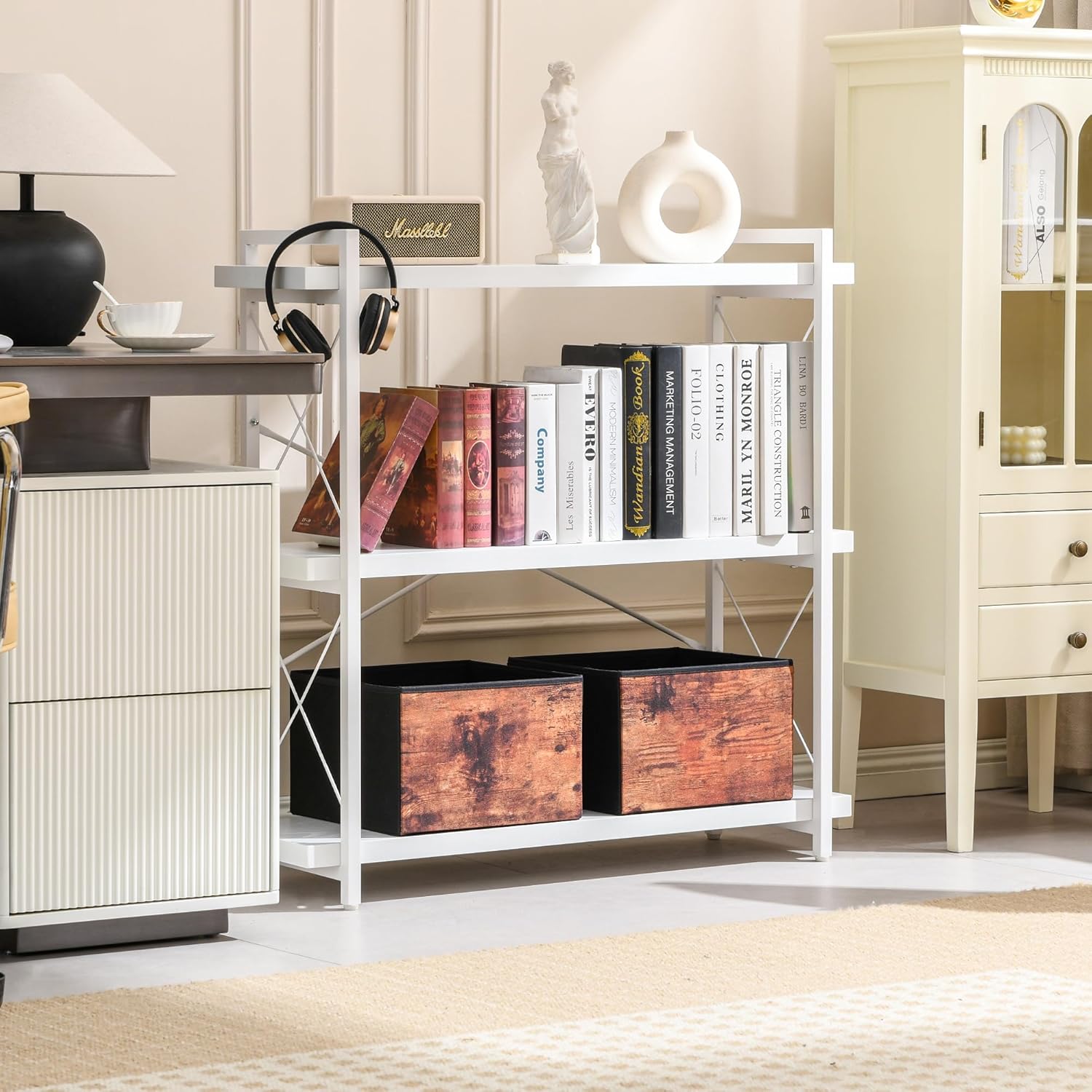 hchqhs bookshelf, 3-tier industrial bookcase, white open book shelf, freestanding horizontal bookshelves with metal frame 3-tier (35.8"w x 35.8"h) cloud white