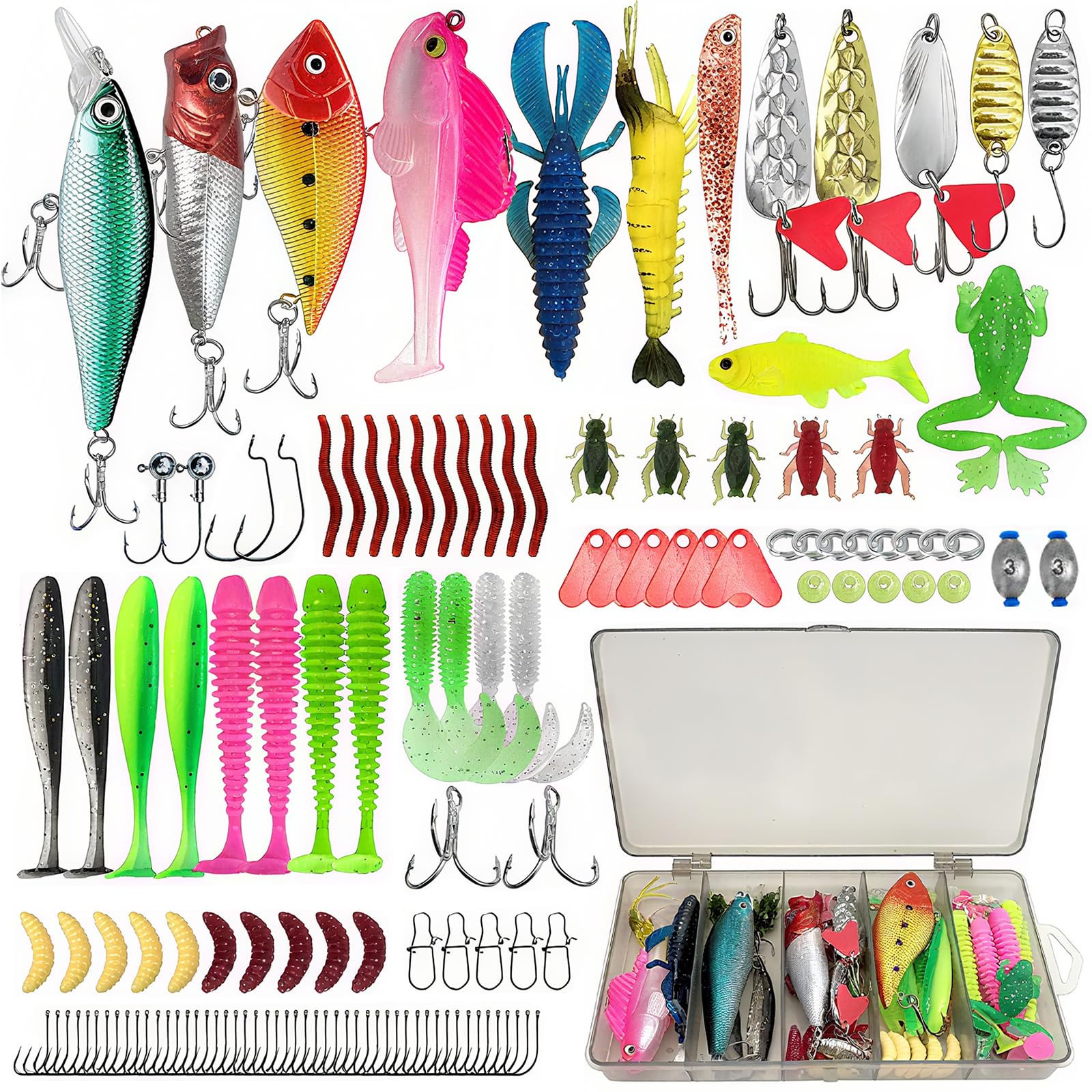 133 PCS Fishing Lures Mixed, Fishing Tackle Box Included Crankbaits, Spoon, Hooks, Jigs, Weights and More Other Accessories, Fish Bait Lure Gear Kit Gift for Men Bass Freshwater