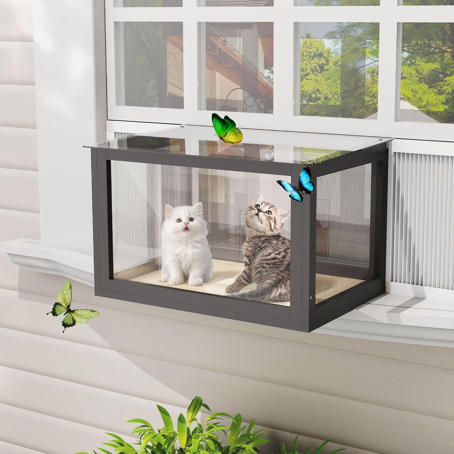 Cat Window Box Outdoor Cat Enclosure Window Catio Perch with Bug Proof Wire Mesh Window Catio Side Door Transparent Top for Indoor Cats Sunbathing, Napping, Overlooking, Playing (Black)