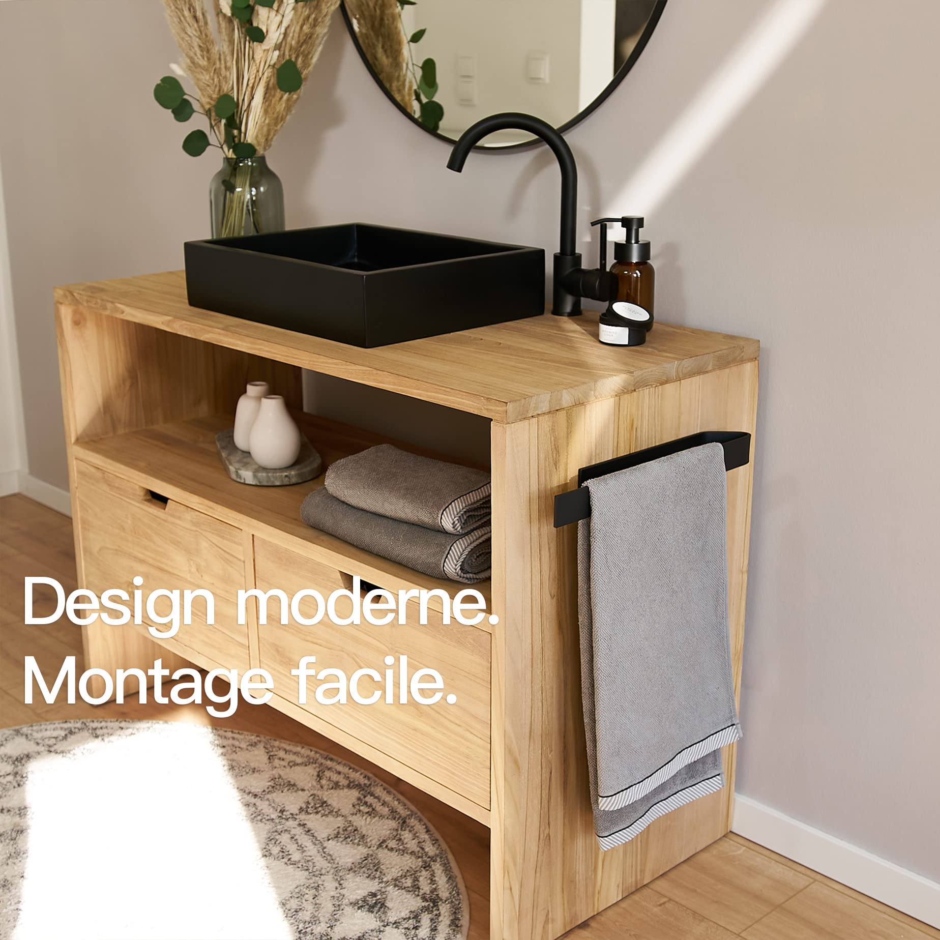 Design Hambourg Porte Serviette Salle de Bain sans Perçage | Porte-Serviette Auto-Adhésif | Porte Serviettes Murale À Coller | 40cm | Design Moderne Noir Mat