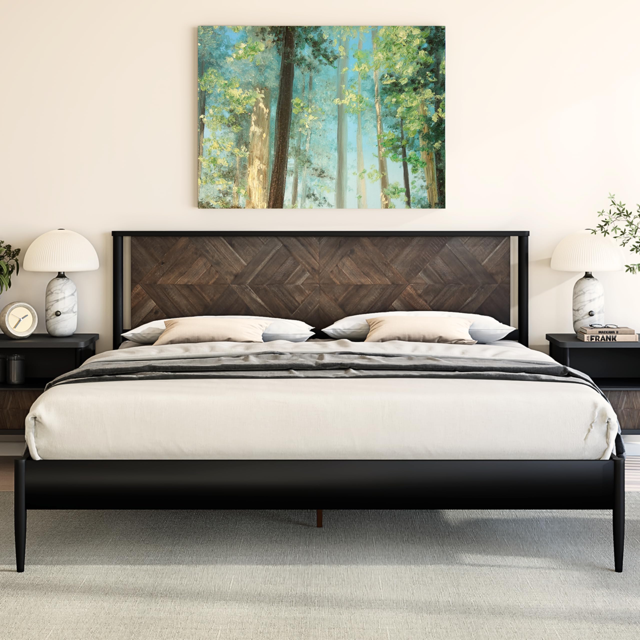 Lenia 14 Inch Premium Solid Wood Bed Frame with Headboard Rustic Farmhouse Style Platform Bed Made of 100