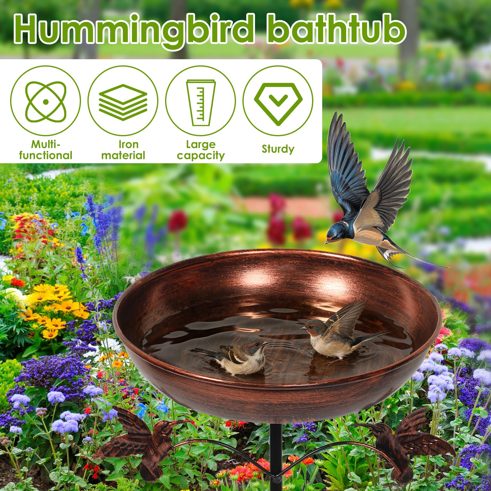 Bebedero de metal para pájaros de pie, para exterior, jardín, vintage, con base estable de 5 puntas, bebedero de agua para pájaros, aves silvestres, bebedero antiguo para jardín, patio trasero