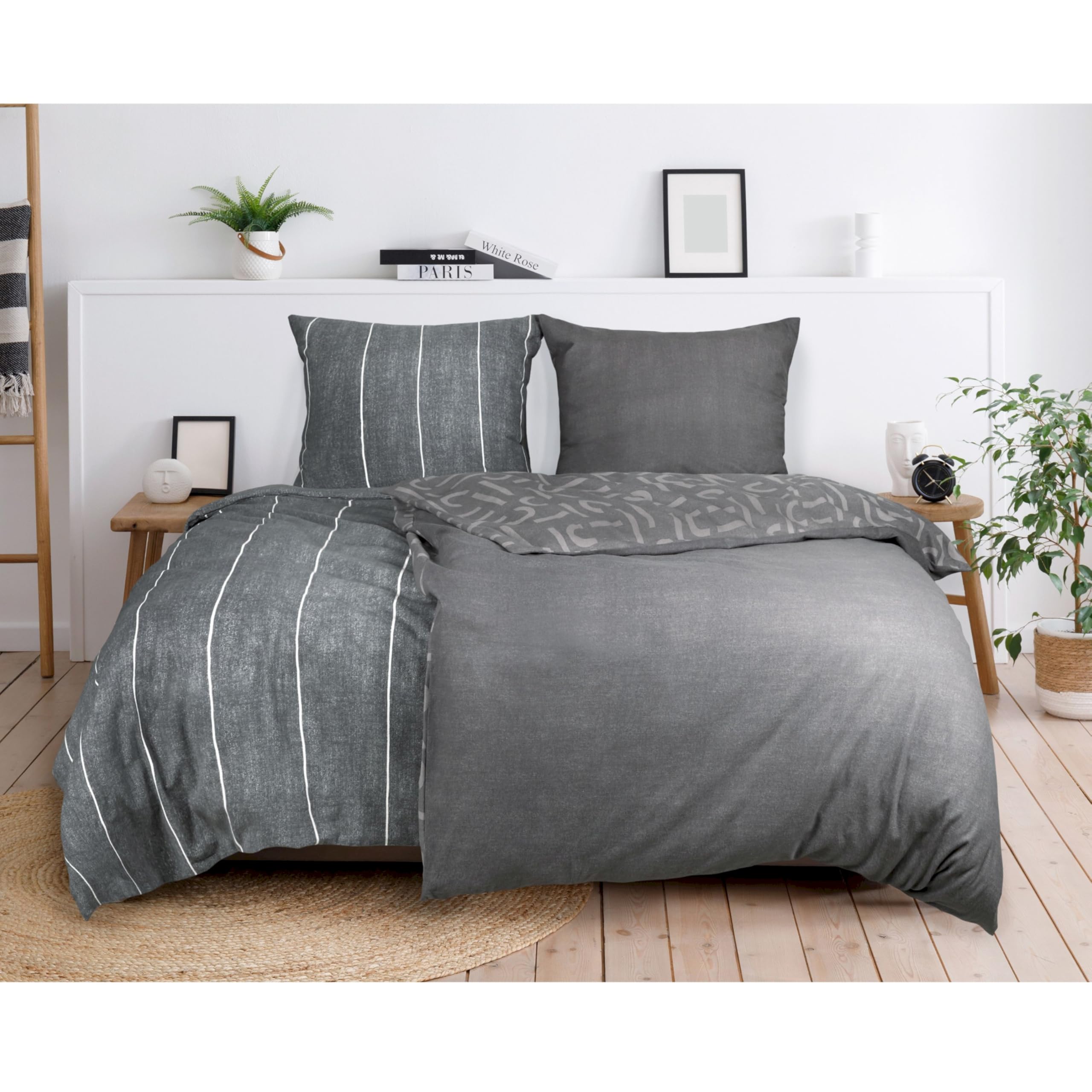 Esprit Flanell Bettwäsche 140x200 Baumwolle Grau - Luxus Bettwäsche-Set 2teilig Öko - kuschelig warm & flauschig - 140 x 200-1 Bettwäschebezug und 1 Kopfkissenbezug 70x90cm - Herbst & Winter