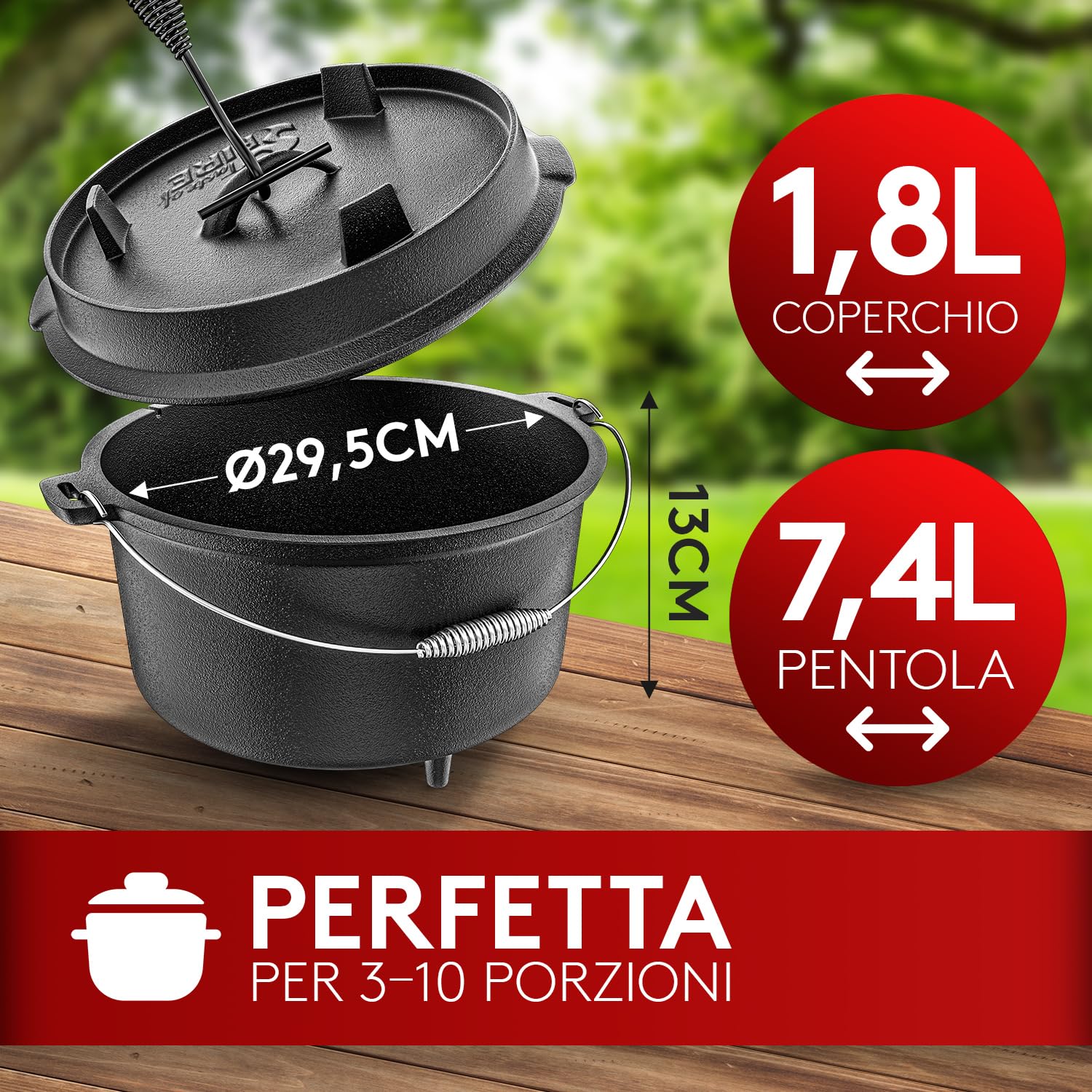 Taste of Fire [L'Originale] - Set Pentola Olandese in Ghisa da 7,4 Litri con Piedini & Coperchio da 1,8 Litri a Doppia Funzione Utilizzabile come Griglia – Include Solleva Coperchio