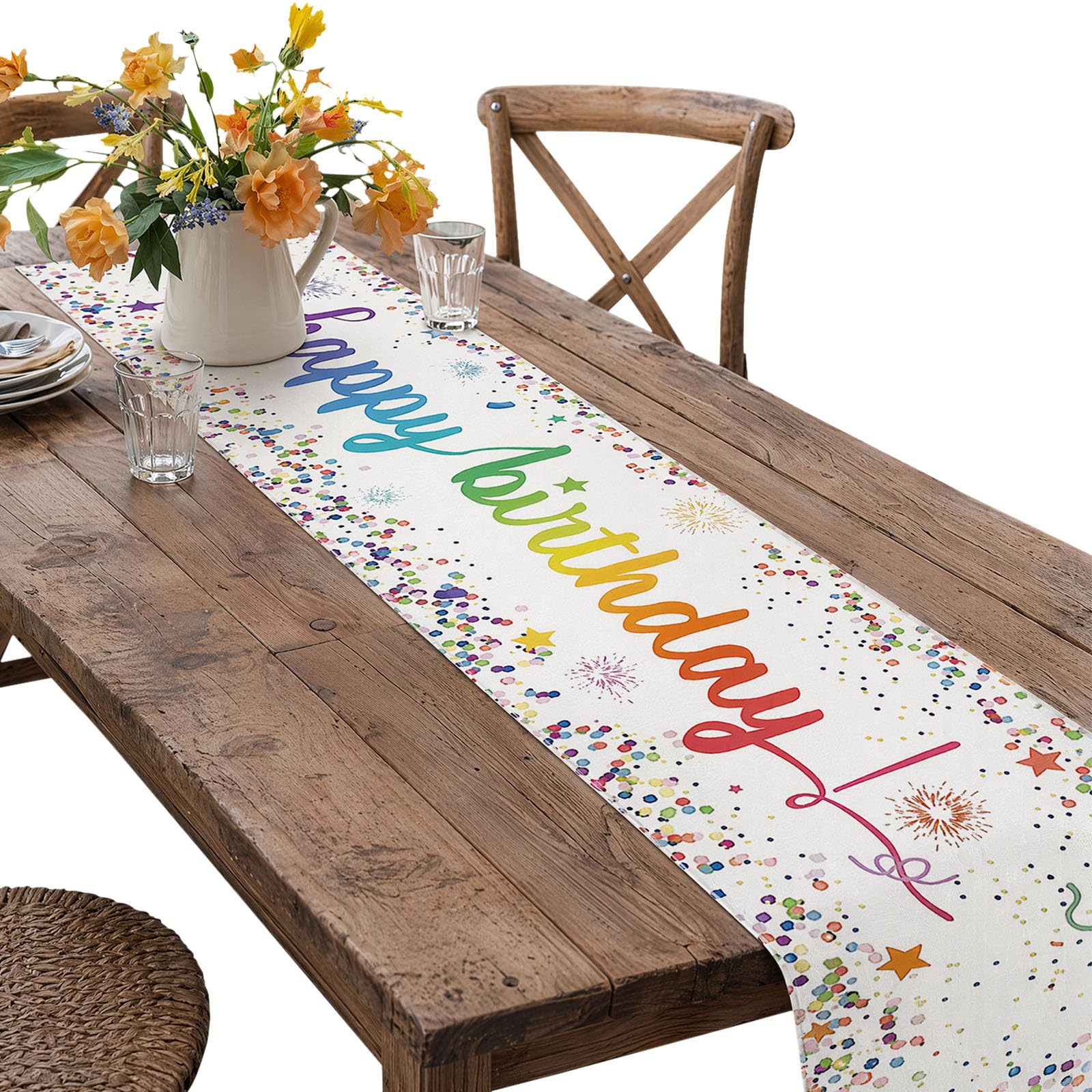 Msjuwek Happy Birthday Table Runner Decorations for Party, Reusable Cloth Banner Decoration, Flax Polka Dot Tablecloth for Men Women Birthdays 33x183 CM